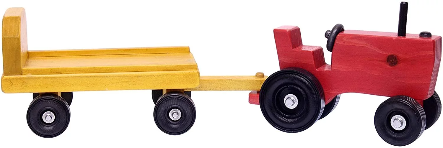 Amish-Made Wooden Toy Tractor and Wagon Set with Hay Bales