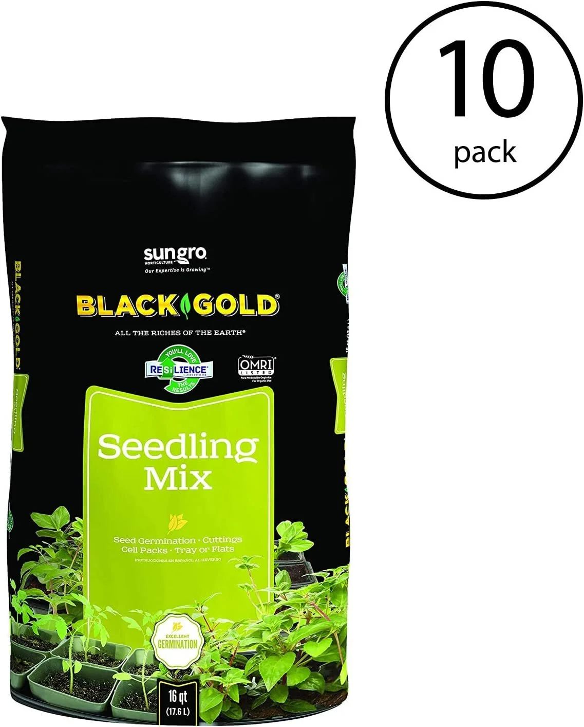 SunGro Horticulture Seedling Germination Mix for Seeds, Cutting, Vegetables, and Herbs, 16 Quart Bag 10 Pack