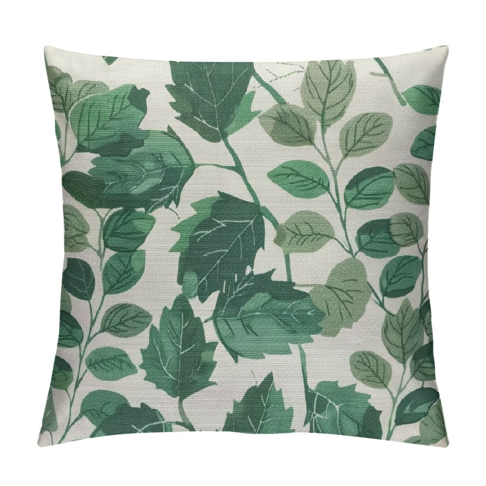 Patifu  Horizontal Eucalyptus Cotton Linen Throw Pillow Case Floral Ornament with Silver Dollar Eucalyptus Branches Pillow Cushion Covers Home Sofa Decorative   White