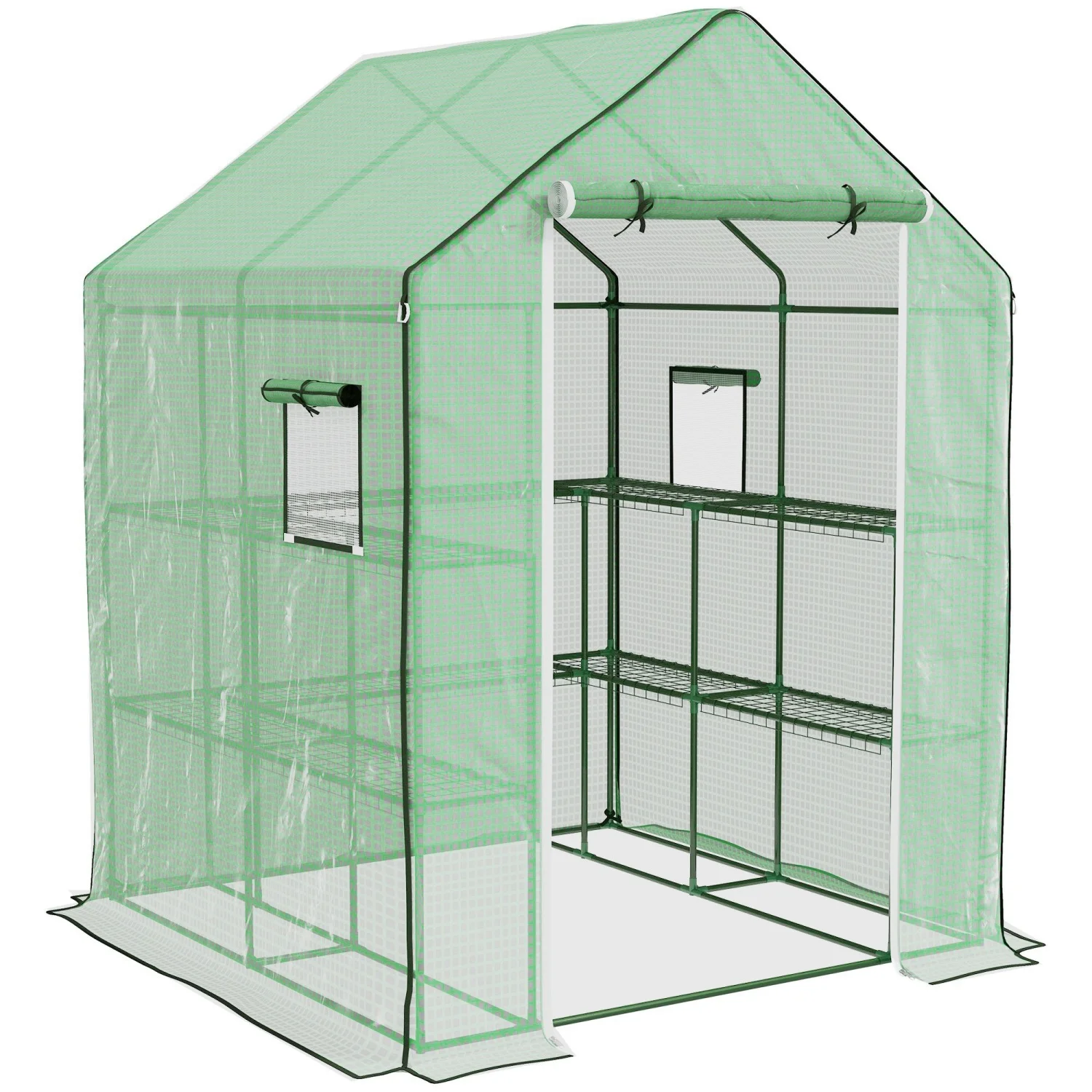 TJCGDTY 4.6‘ x 4.7‘ Portable Greenhouse  Water/UV Resistant Walk-In Small Outdoor Greenhouse with 2 Tier U-Shaped Flower Rack Shelves  Roll Up Door & Windows  Green