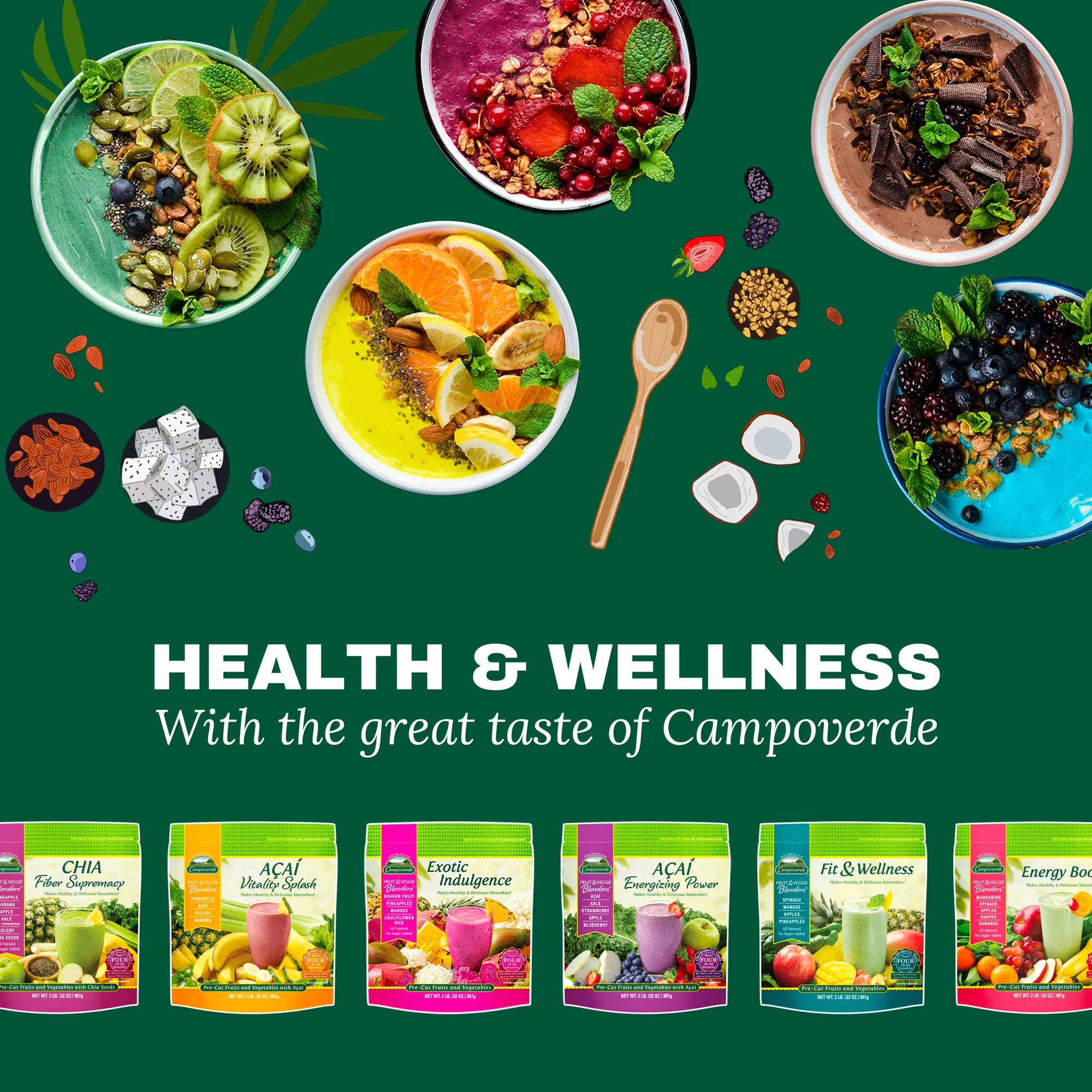 Campoverde Frozen Fruit & Veggie Smoothie 4 Pack, Passion Bliss 32oz Bag with Passion Fruit