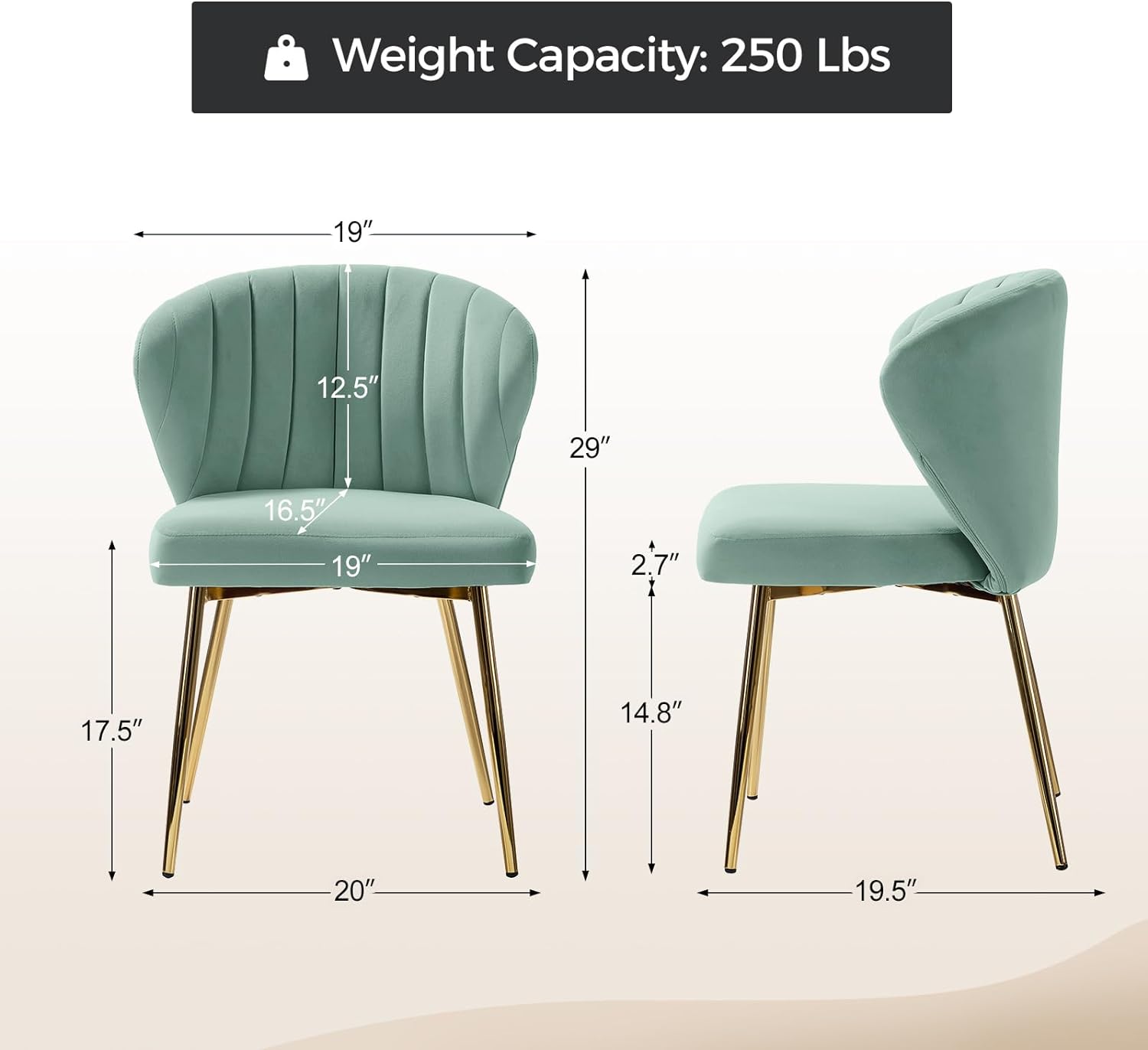 HULALA HOME Velvet Dining Chairs, Modern Small Armless Accent Chair with Gold Metal Legs, Living Room Upholstered Cute Side Chair, Elegant Tufted Back Vanity Chair for Bedroom/Beauty Room-SAGE