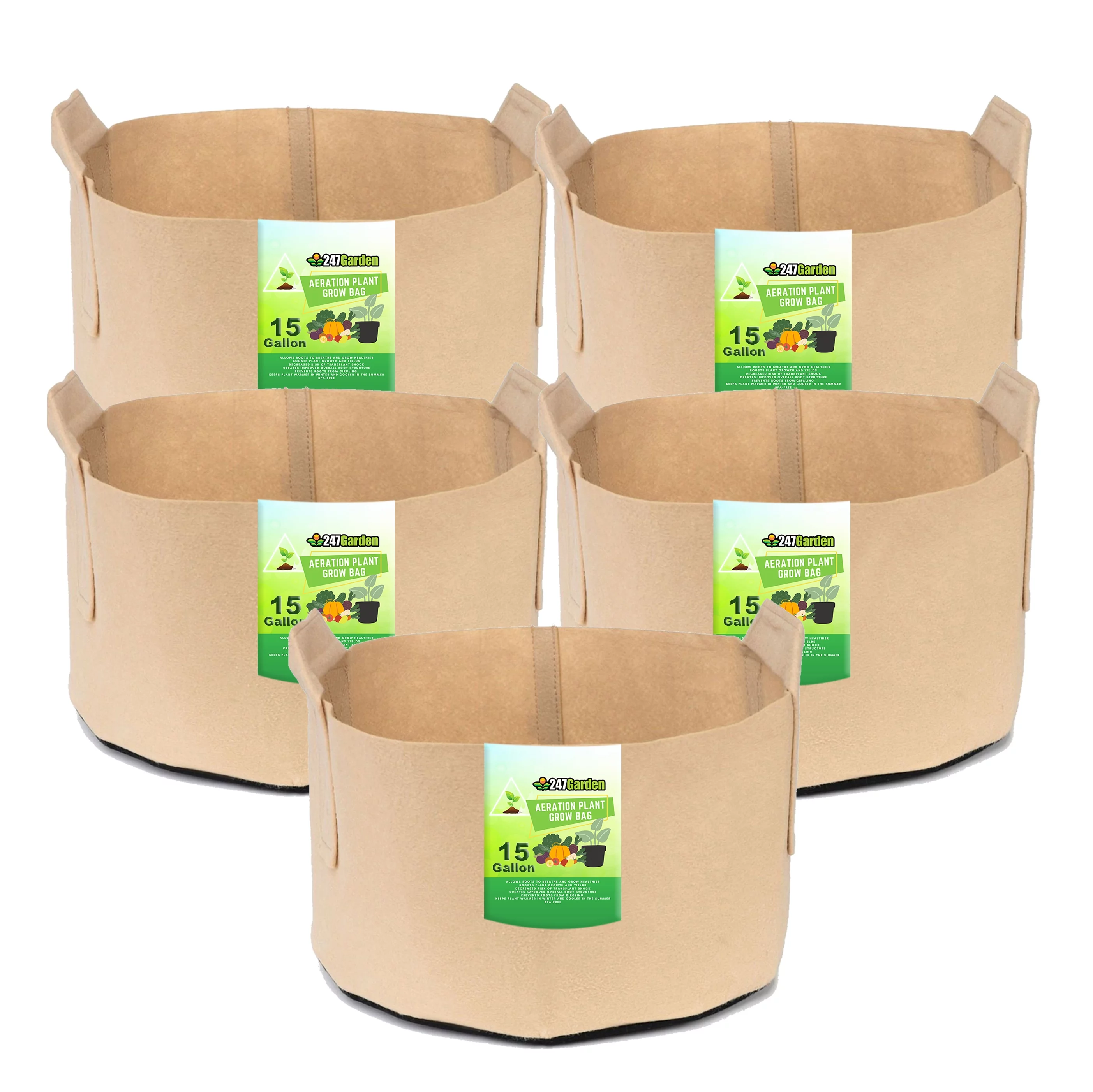 24/7 Garden 15-Gallon Grow Bags / Fabric Pots / Flower Planters (Tan) (5-Pack)