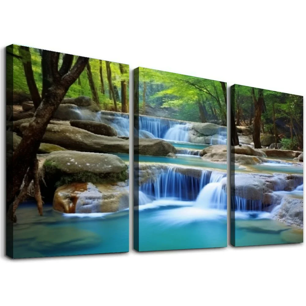 Jiayy Waterfall Forest Trees Art Wall Decor Oil Painting 12x16in x3 Print On Canvas 12x16x3pcs