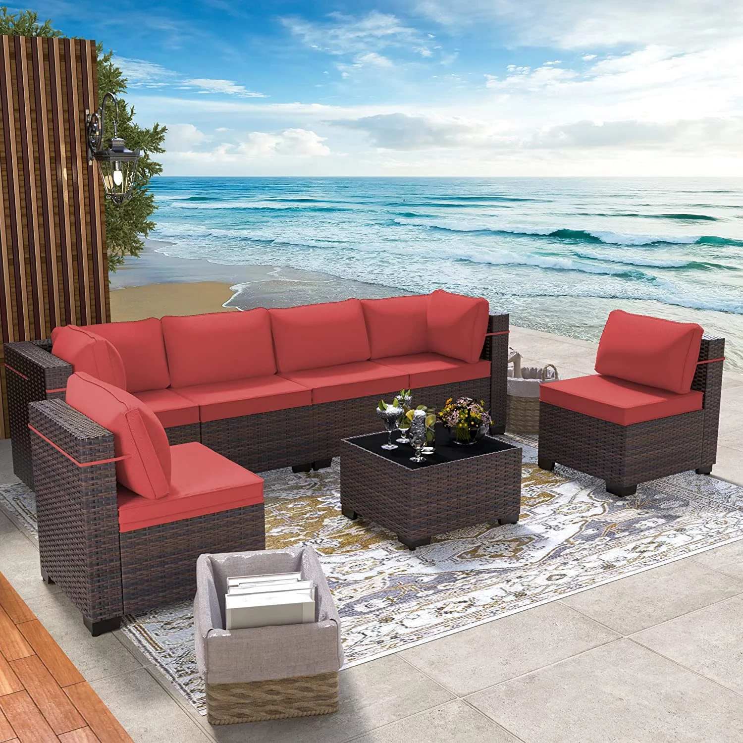 Outdoor Patio Furniture Set  12 Pieces Outdoor Furniture All Weather Patio Sectional Sofa PE Wicker Modular Conversation Sets with Coffee Table 10 Chairs & Seat Clips(Dark Blue)