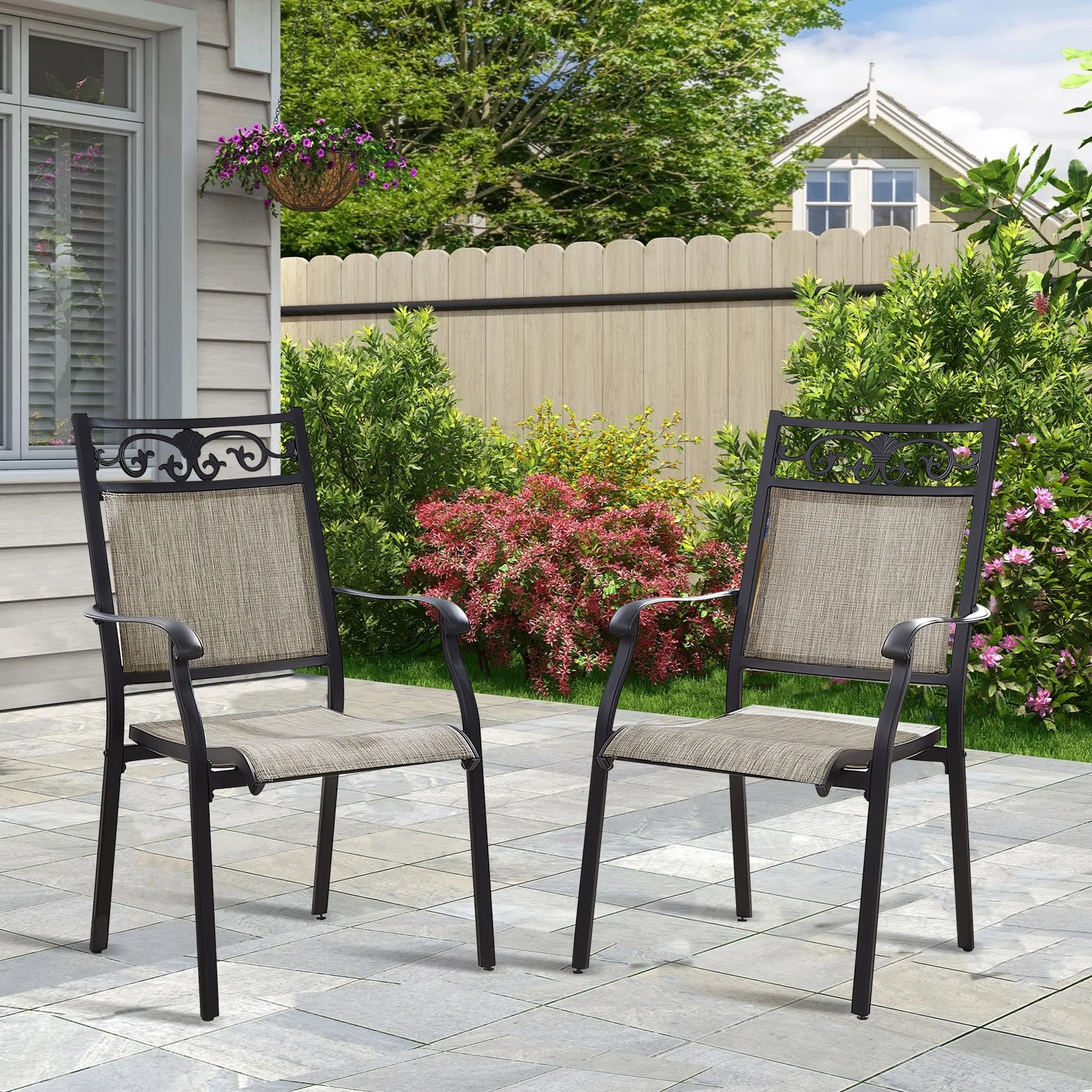 Ulax Furniture Cast Aluminum Patio Dining Chairs, Outdoor Stackable Sling Dining Chairs, Set of 2
