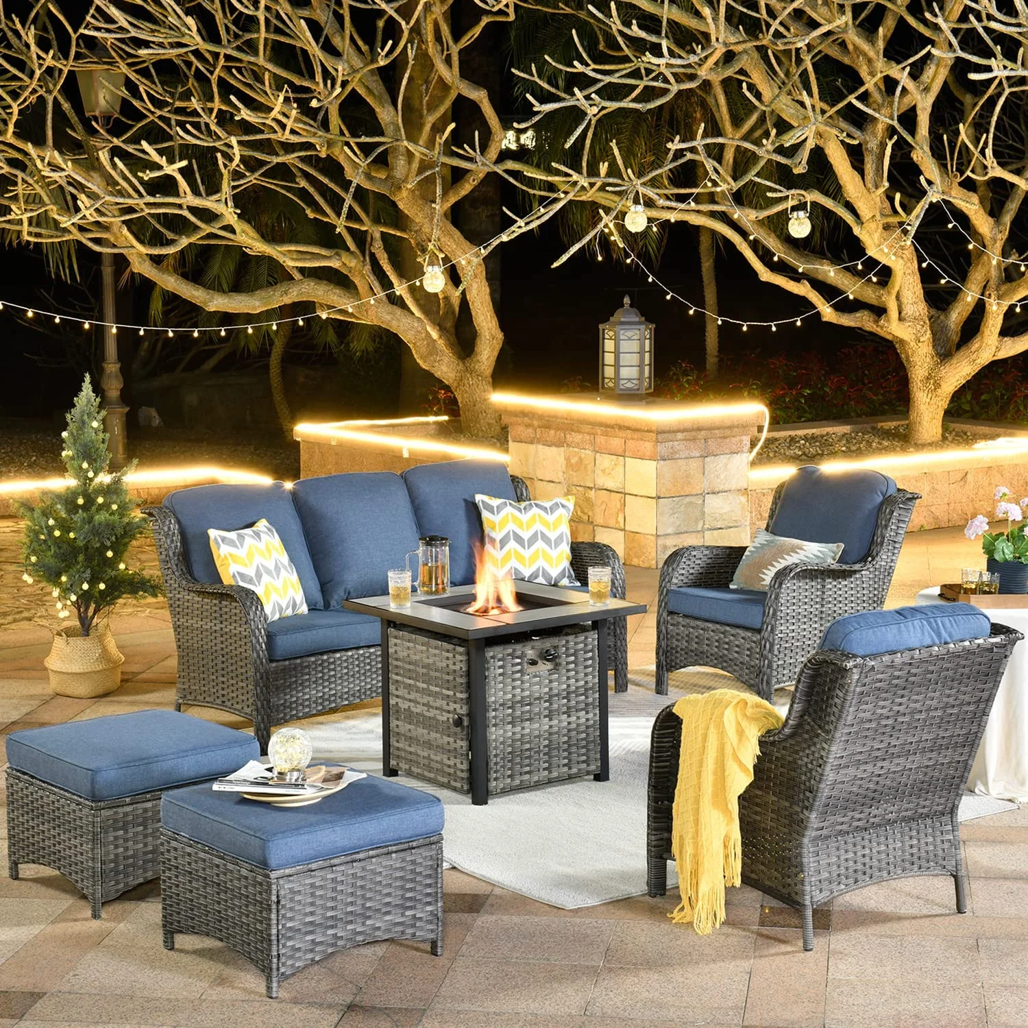 Patio  Set 6 Piece Outdoor Sectional  with 30 Inch Propane Gas Fire Pit Table High Back Wicker Patio Conversation Sofa Sets