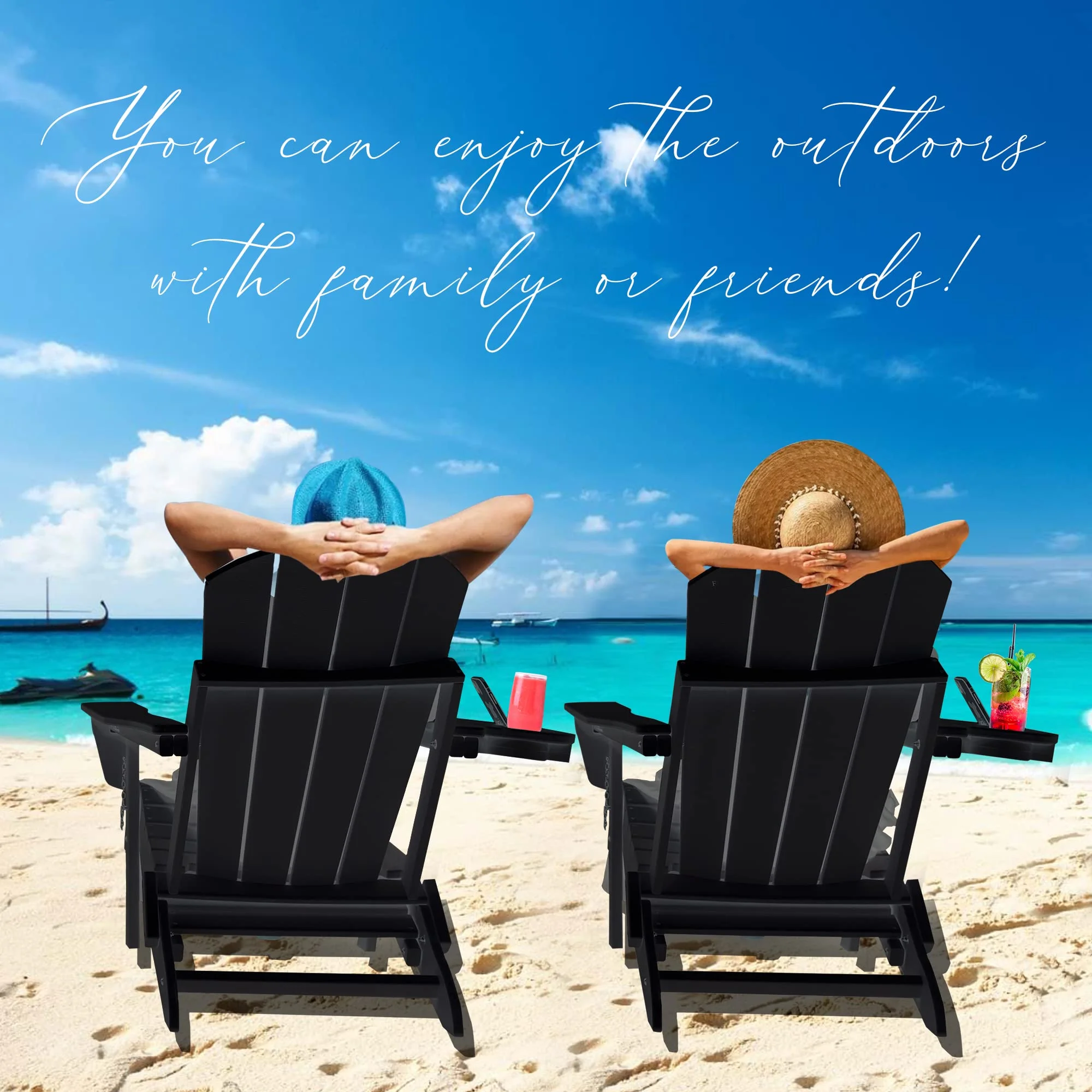 2PCS Folding Adirondack Chair with Retractable Ottoman, HDPE All-Weather Resistant Adjustable Backrest Adirondack Chair w/4 in 1 Cup Holder Trays, Black