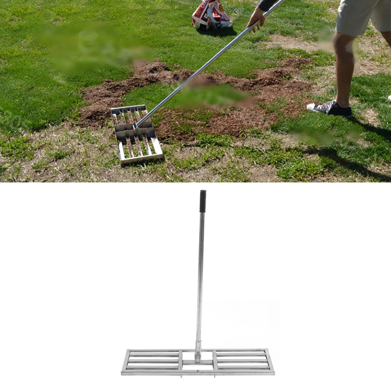 Bummin Lawn Leveling Rake Stainless Steel Telescopic Long Handle Lawn Leveler Garden Grass Leveling Tool