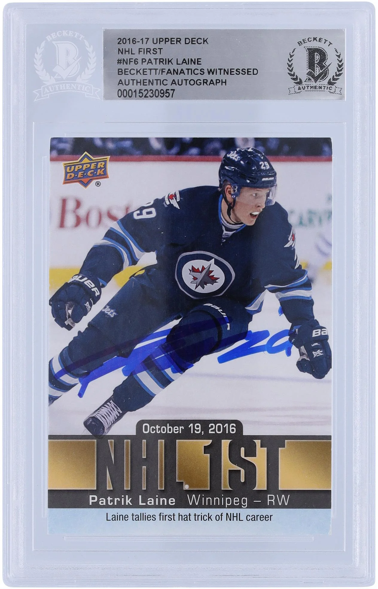 Patrik Laine Winnipeg Jets Autographed 2016-17 Upper Deck Series 2 NHL First #NF-6 Beckett Fanatics Witnessed Authenticated Rookie Card - Fanatics Authentic Certified