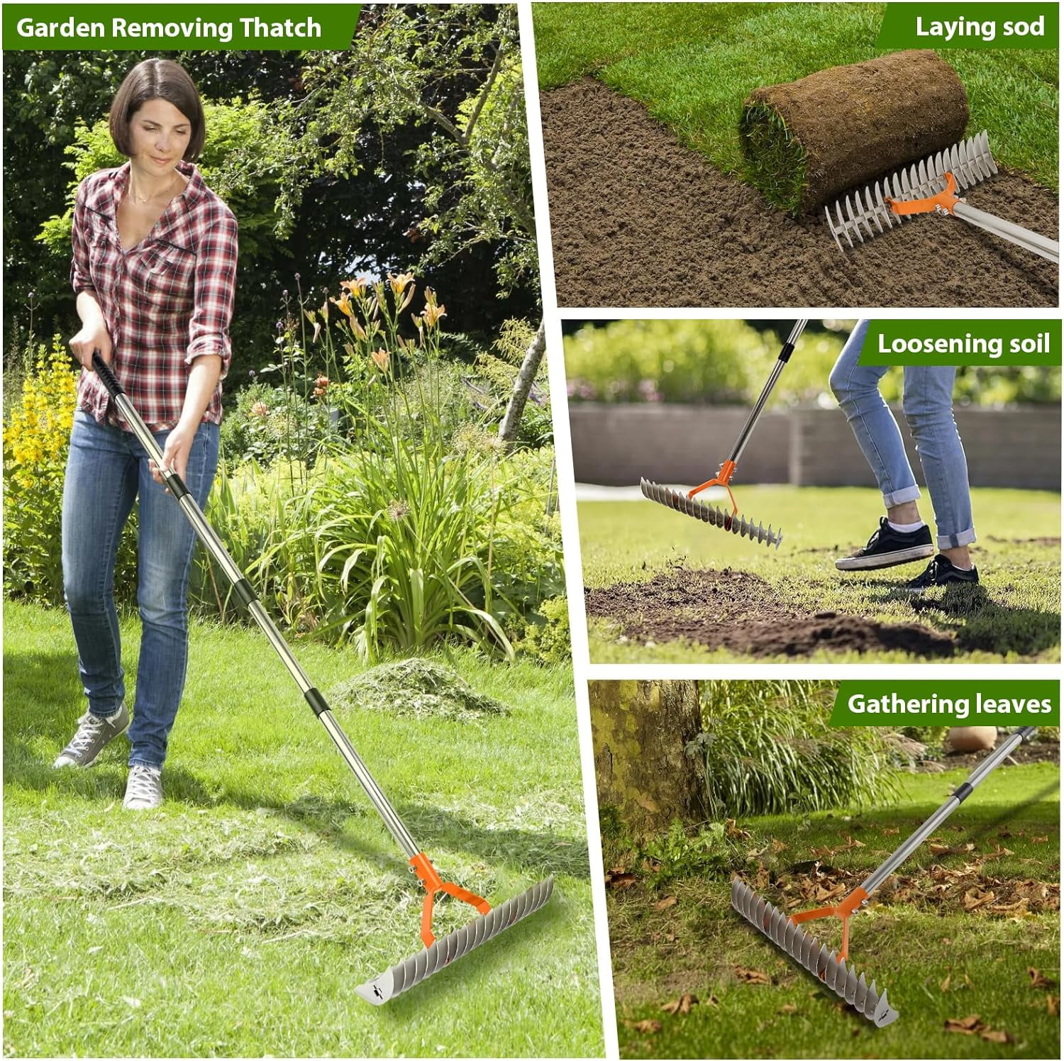 Thatch Rake, 15-Inch Lawn Thatching Rake, Robust Dethatcher Rake, Efficient Steel Metal Rake with Handle, Versatile Grass Grooming Rake for Cleaning Dead Grass, Yard Garden Durable Soil Rake (Orange)