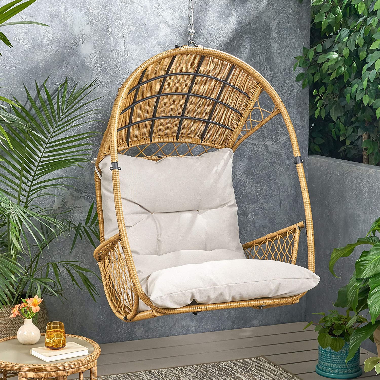 Christopher Knight Home Becky Wicker Hanging Chair with Cushion (Stand Not Included), Light Brown, Brown, Beige