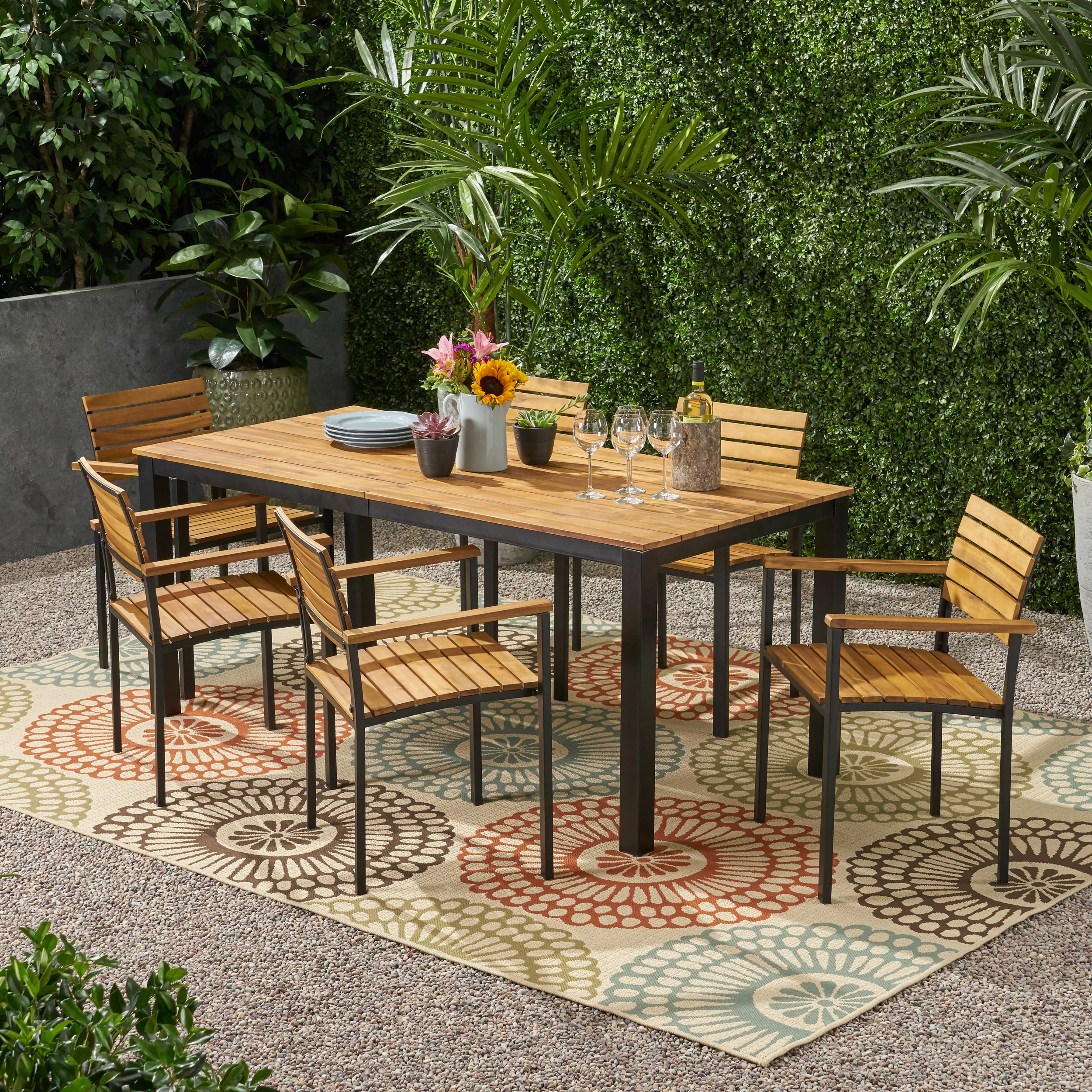 Noble House Florence 7 Piece Wood Top Patio Dining Set in Teak and Black