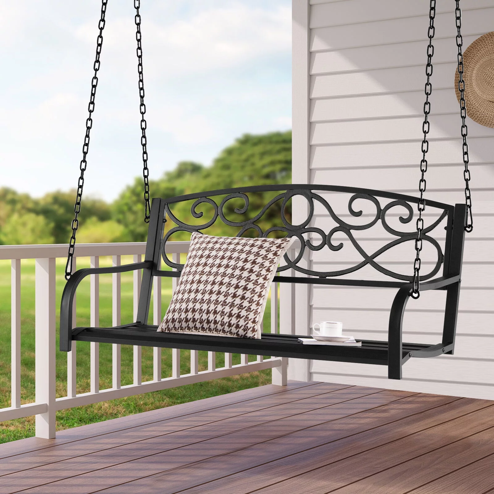 Outdoor 2-Person Metal Swing Bench Chair for Patio - Hanging Porch Swing with Chains