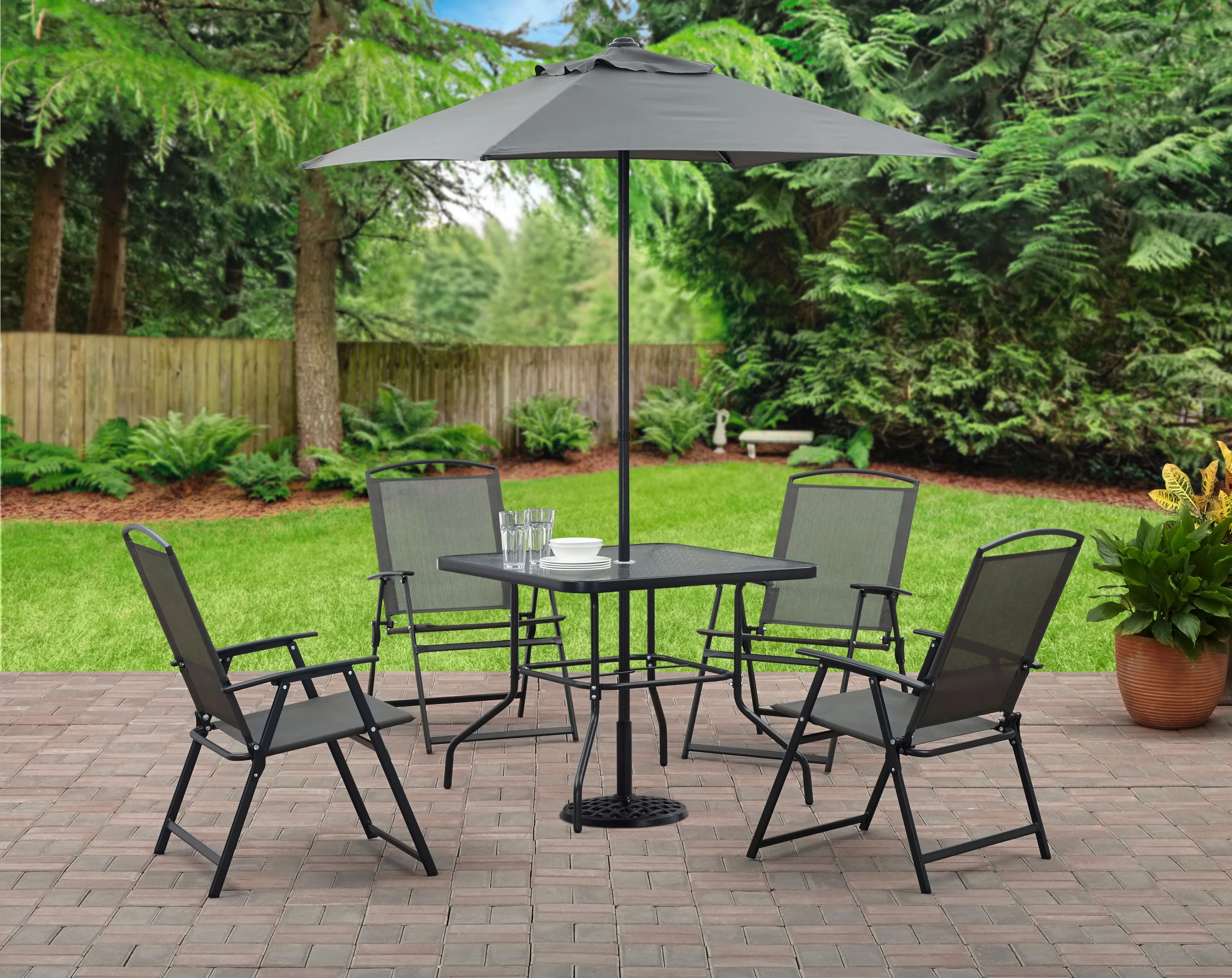 Courtyard outdoor dining table and chairs 6-piece set with patio umbrella