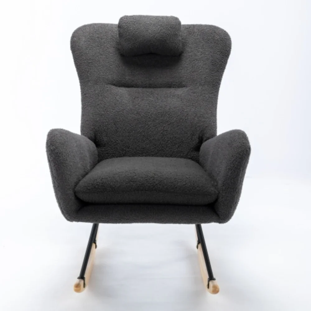35.5 inch Rocking Chair, Soft Teddy Fabric Rocking Chair for Nursery, Comfy Wingback Glider Rocker with Safe Solid Wood Base Foam + Casual + Grey + Teddy + 250 LBS + Teddy fleece