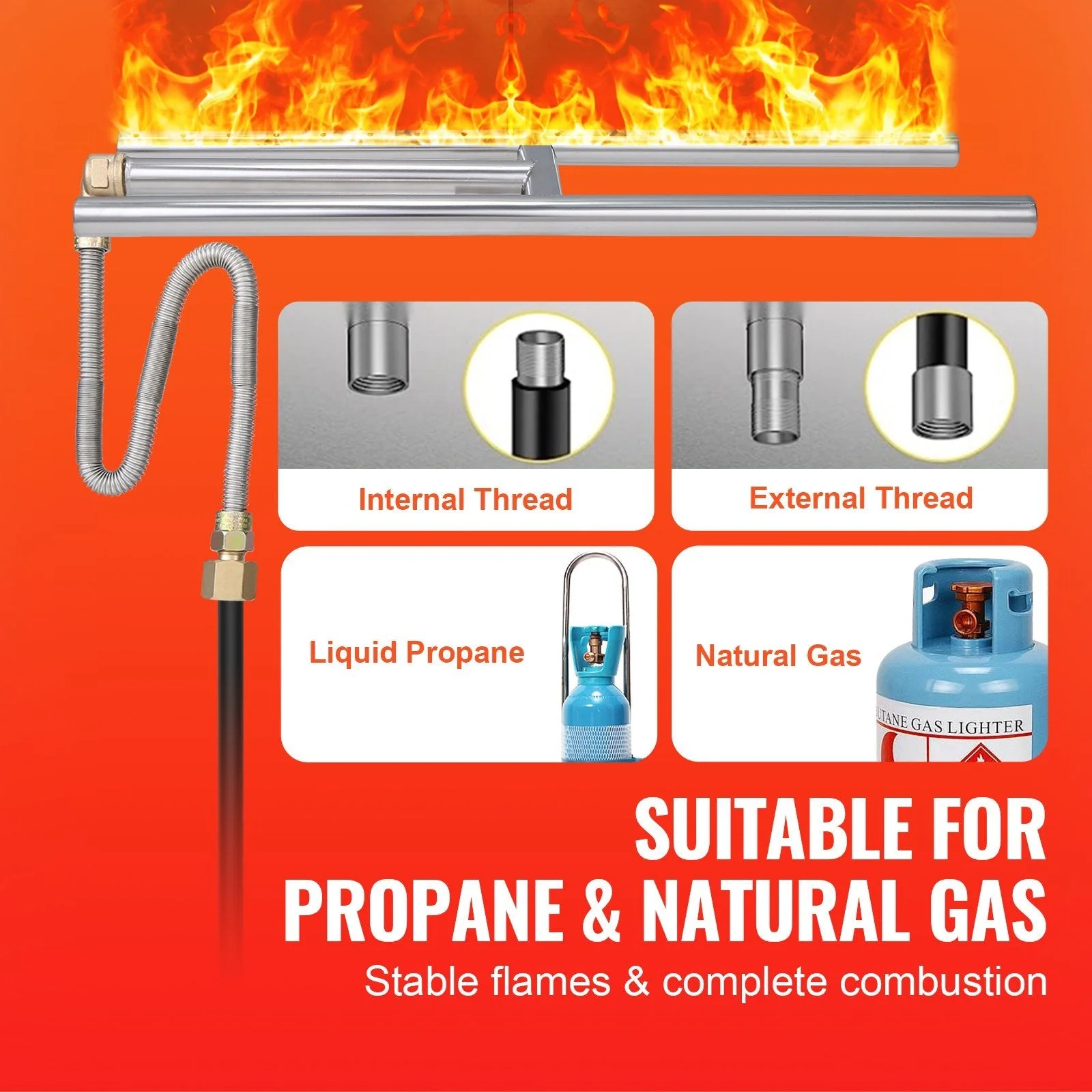 Stainless Steel 6 x 18 inch Rectangular Natural Gas Propane Fire Pit Burner