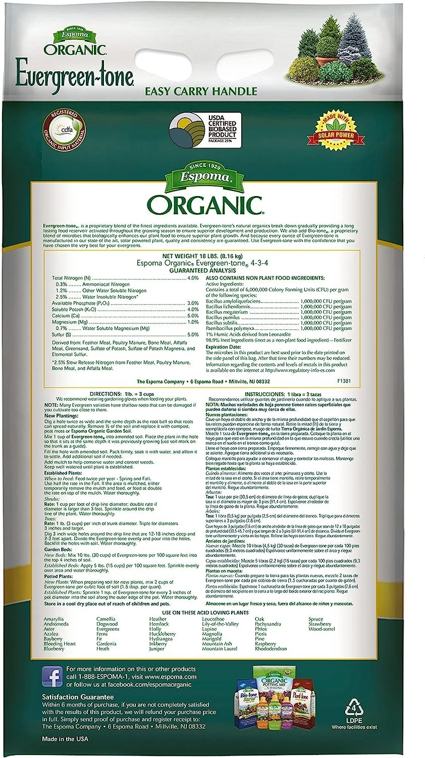 Espoma Organic Evergreen-Tone 4-3-4 Natural & Organic Fertilizer and Plant Food for Evergreen Trees & Shrubs. 18 lb. Bag. Use for Planting & Feeding to Promote Optimum Growth