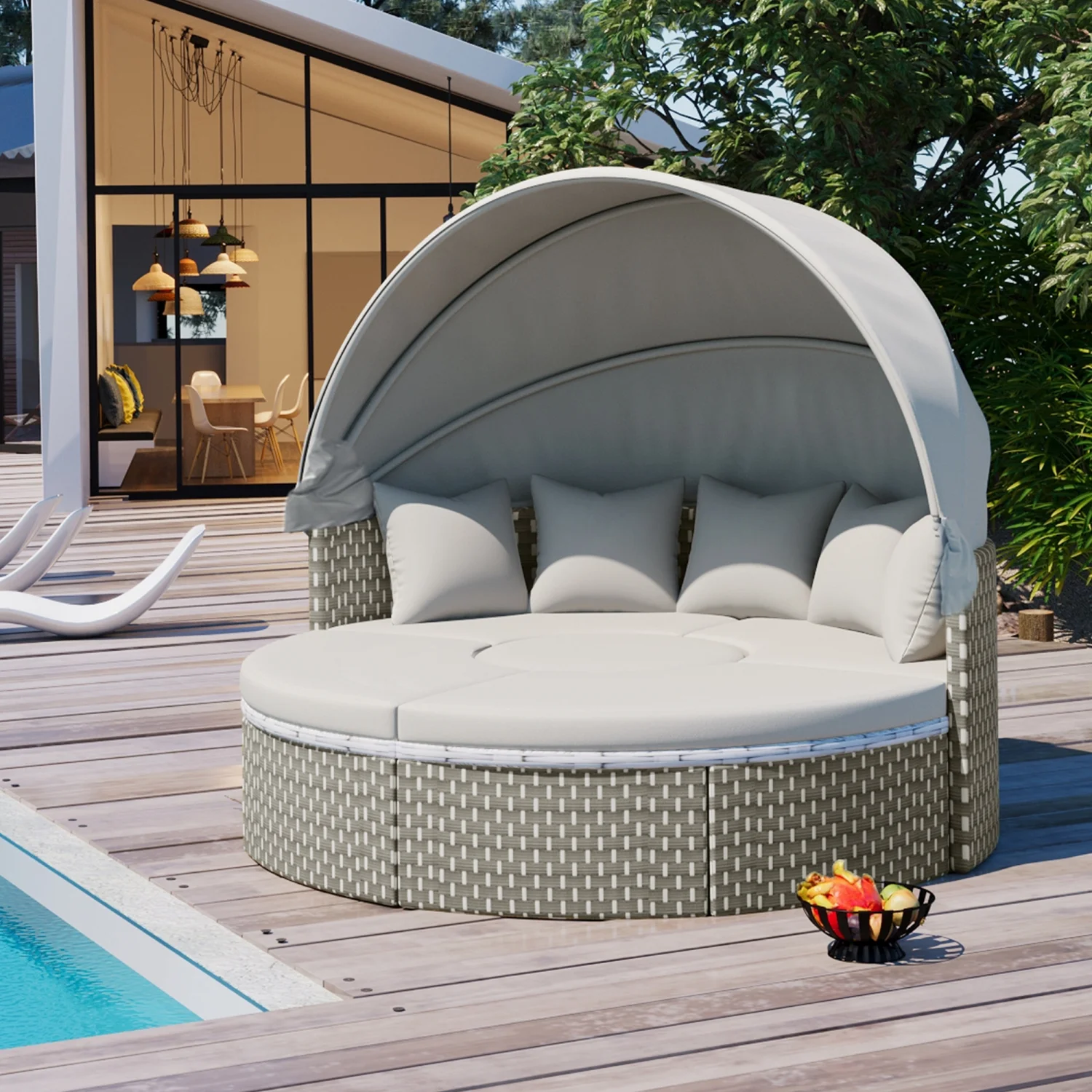Topmax Gray Two-Tone Weave Retractable Canopy Round Outdoor Sectional Rattan Daybed with Removable Cushion  Separate Seating - Patio Furniture Sunbed