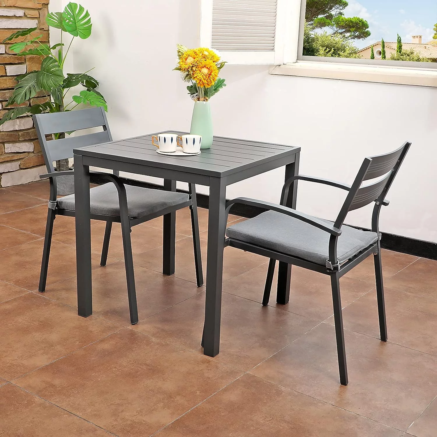 3-Piece S Bistro Set Aluminum S Table and Chairs with Cushion Outdoor Dining Table Set, Dark Grey Finish & Grey Cushion