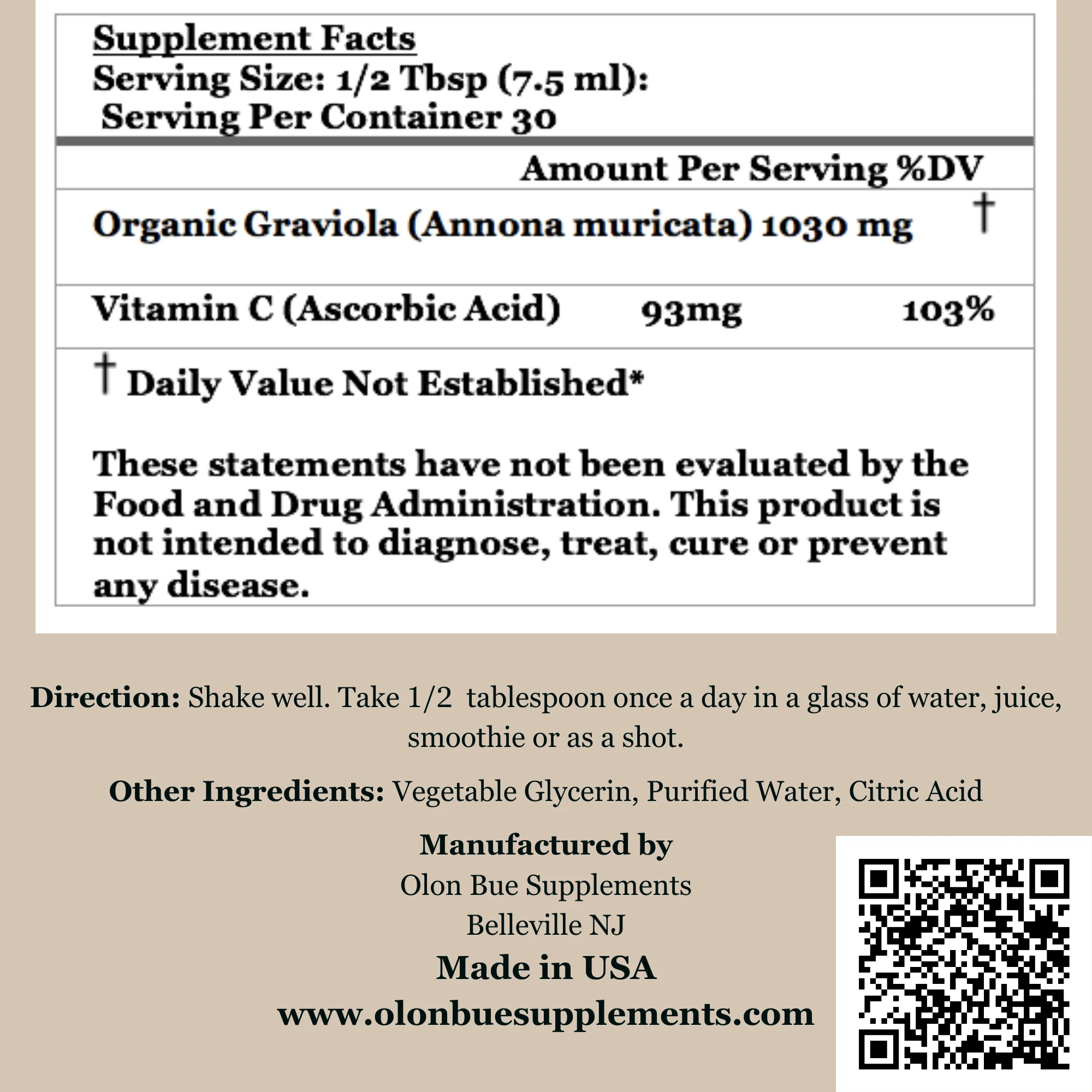 Graviola Soursop Leaf Liquid Extract Tonic, 1030 mg per serving Super Potency, with vitamin c Non GMO, vegan, immunity, energy, vitality - 8 oz - Olon Bue Supplements