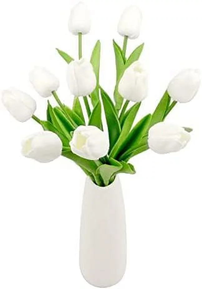 NAMZI 10pcs Artificial Tulip Flowers ,Real Touch Tulip Bouquet, Fake Tulip Bouquet for Home Garden Wedding Party Indoor Outdoor Decoration (White)
