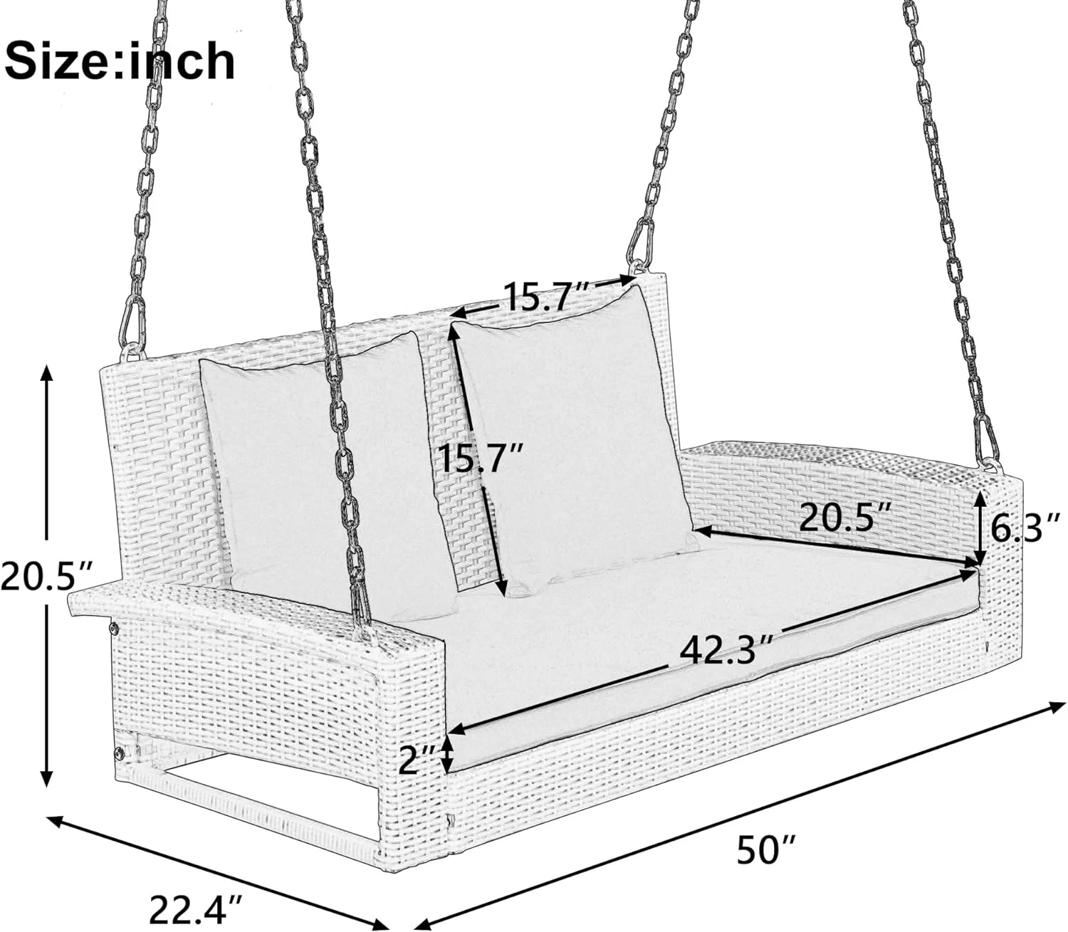 Wicker Hanging Porch Swing With Chains, Cushion, Pillow, Rattan Swing Bench For Garden, Backyard, Pond(Brown Wicker, Red Cushion)