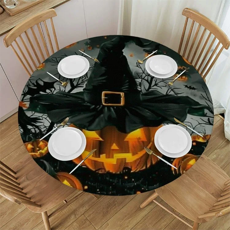 Patifu  Halloween Table Cloth Evil Pumpkin Round Tablecloth   Bat Eyes Wizard Hat in Dark Tablecloths for Dining Room, Party, Banquet White