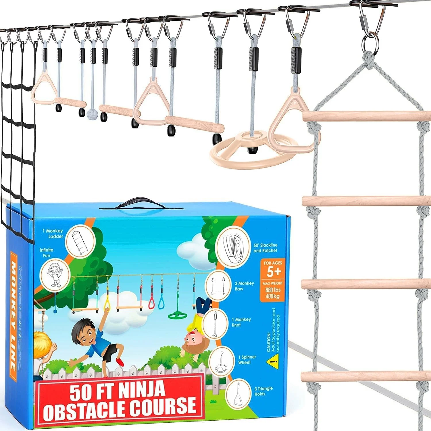 Ninja Warrior Obstacle Course for Kids - 2 x 50 ft - Up to 880 Lbs - 10 Weatherproof Obstacles - Ages 5-12 | Setup on Trees or Posts | Ninja Course for Kids Outside