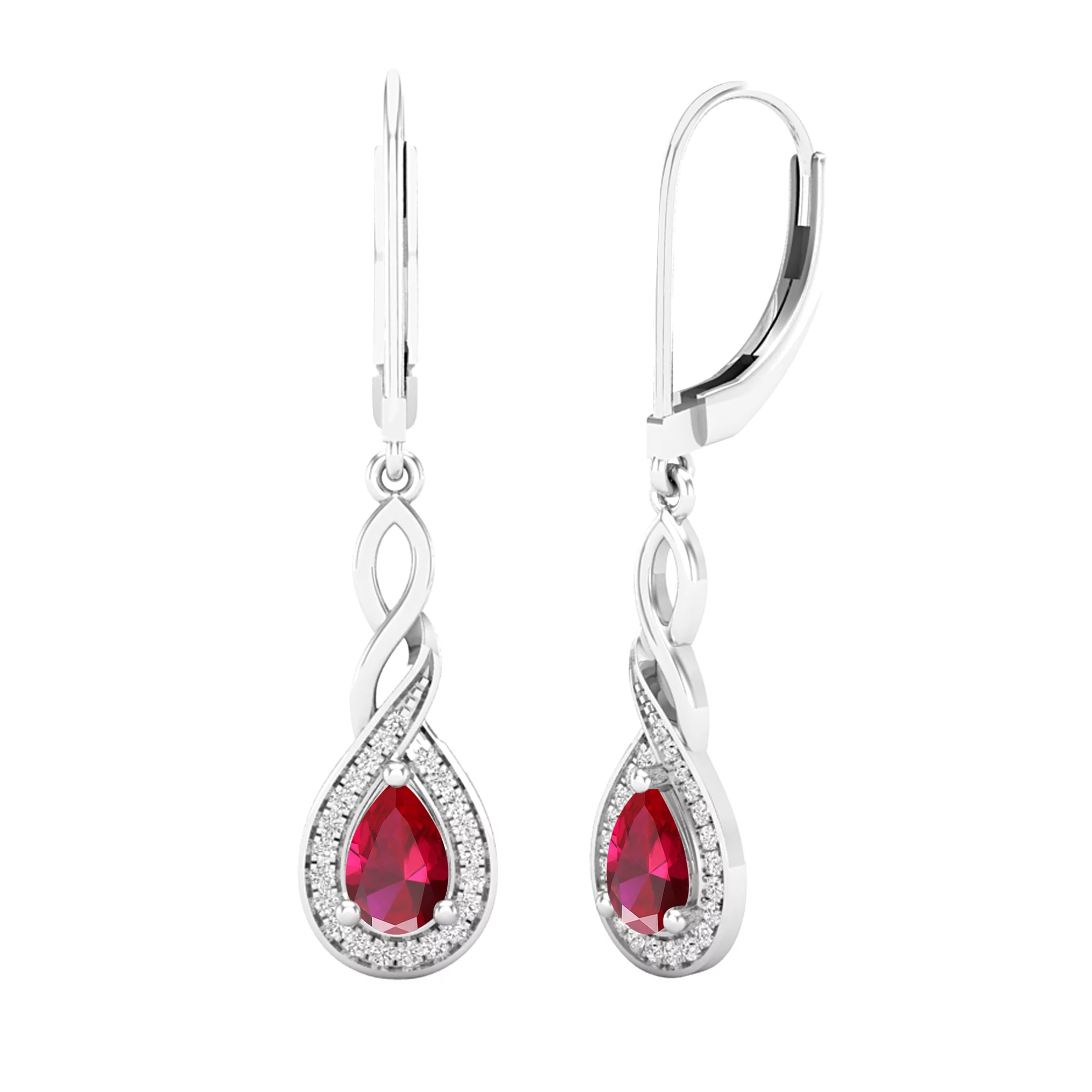 Dazzlingrock Collection Pear Lab Created Ruby, Round Diamond Drop Earrings for Her, Sterling Silver