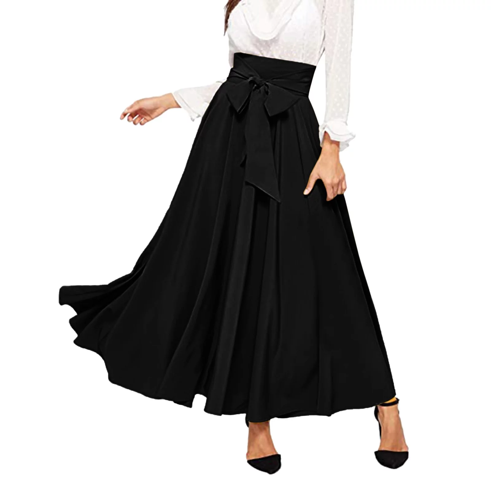 Winter Skater Skirt Women'S Elegant High Waist Skirt Tie Front Pleated Maxi Skirts Skirt Hangers Wood