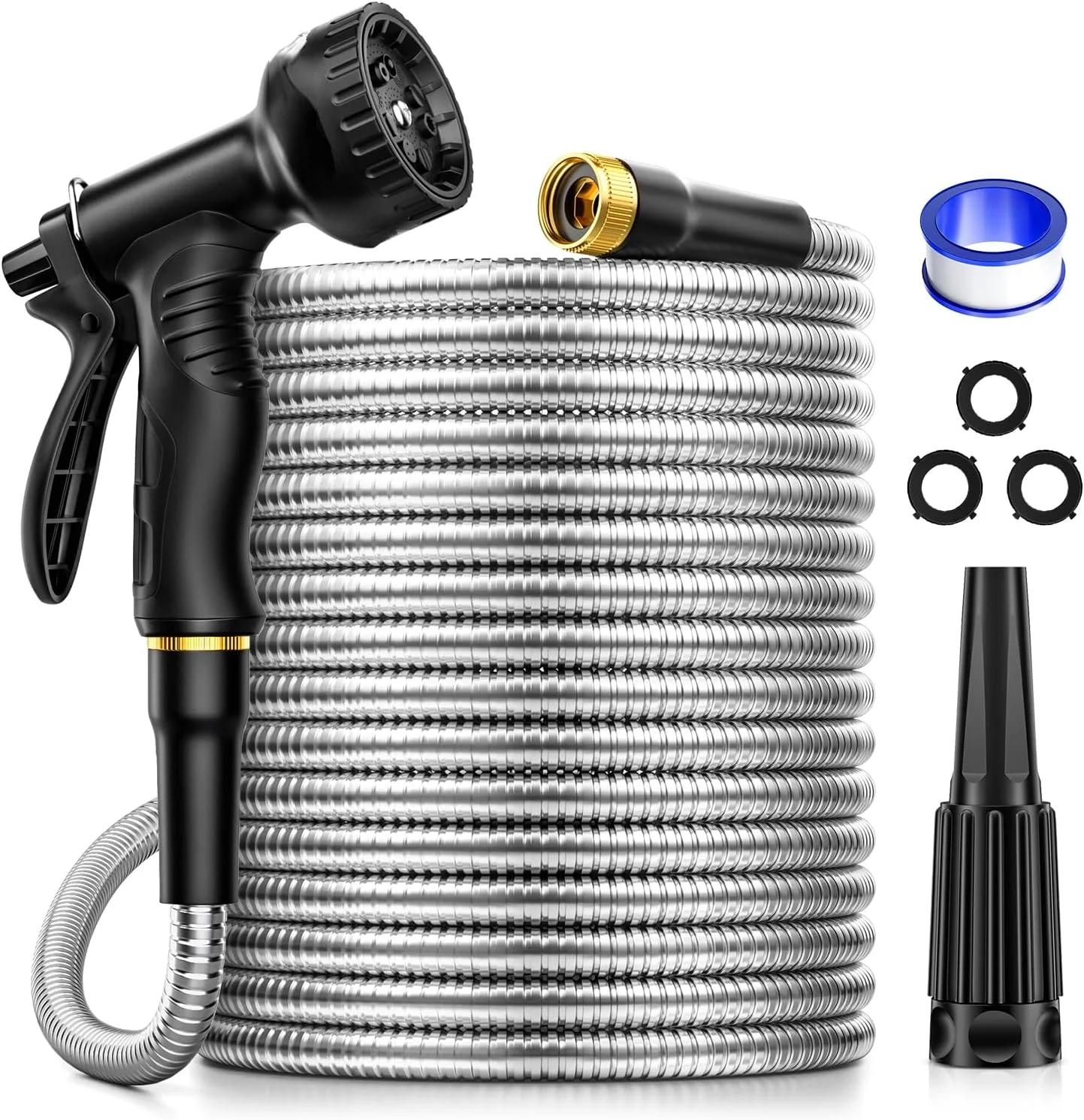 Garden Hose Water Hose 75 ft - 304 Stainless Steel Metal Hose with 10 Function Nozzles, No-Kink, Rust Proof, Easy to Store, Heavy Duty Garden Hose for Yard, Lightweight Outdoor Hose