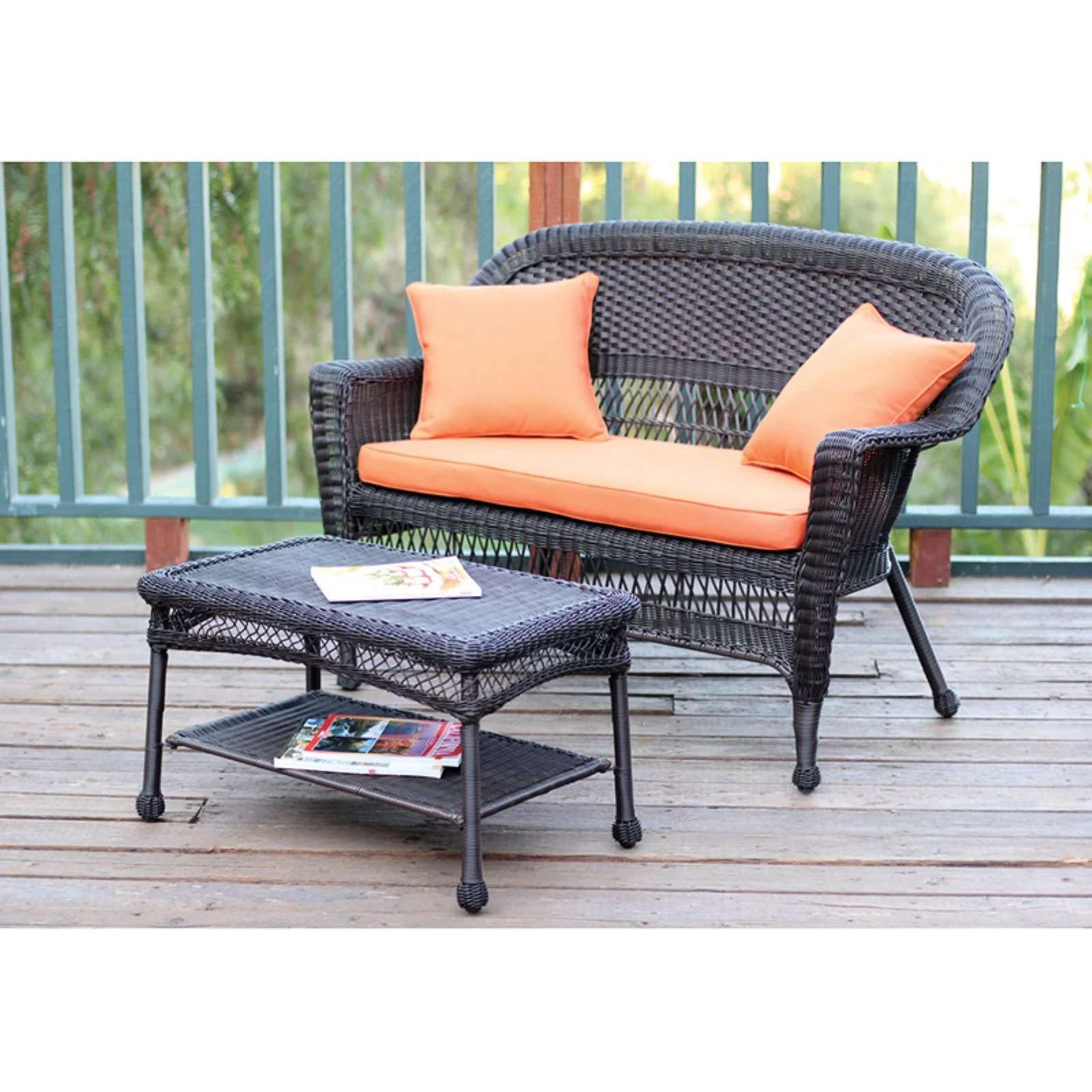 Jeco Wicker Patio Love Seat and Coffee Table Set with Green Cushion-Finish:Espresso