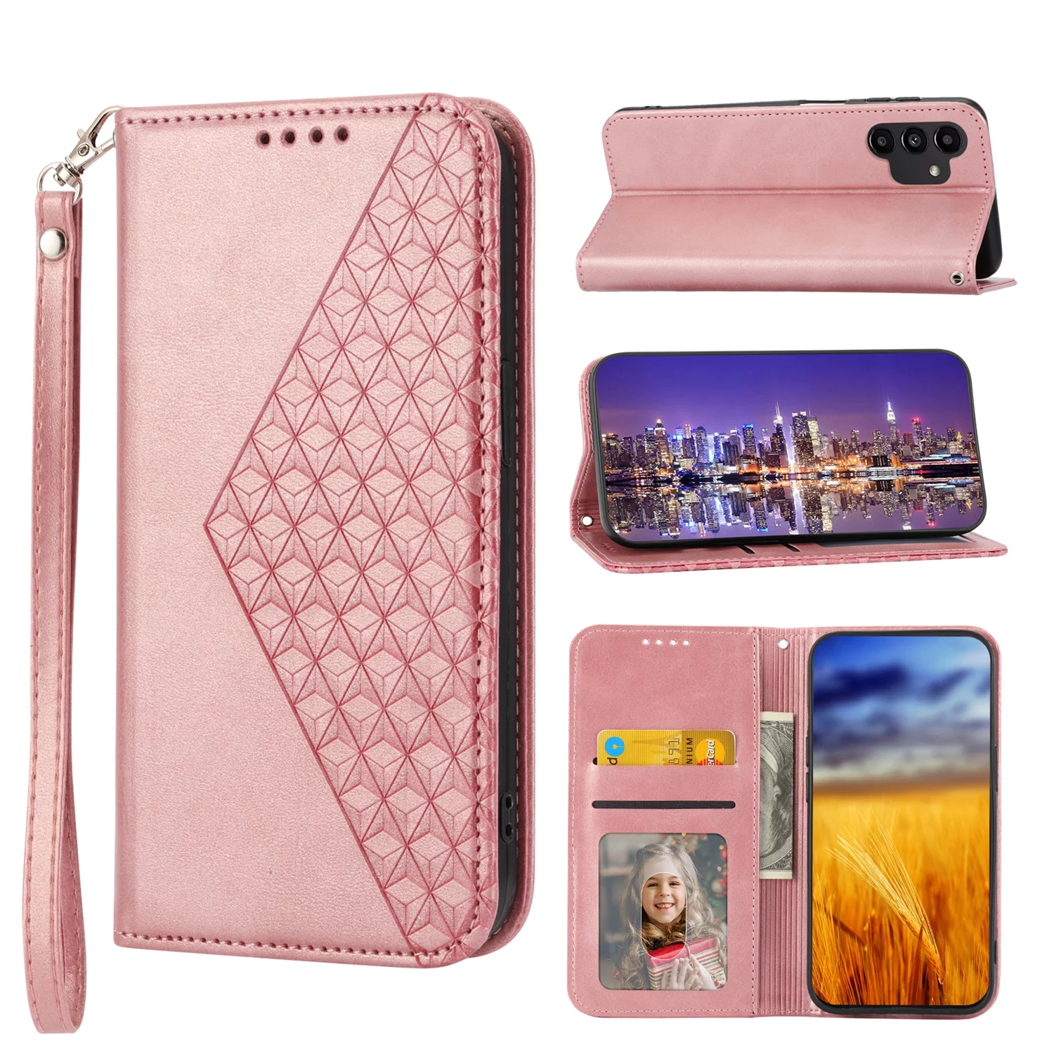 Tarise for Samsung Galaxy A13 Flip Cover, Luxury PU Leather Shockproof Folding Kickstand Card Holder Pocket Wallet Wrist Strap Handbag Magnetic Closure Phone Case for Samsung A13 5G/4G, Rosegold