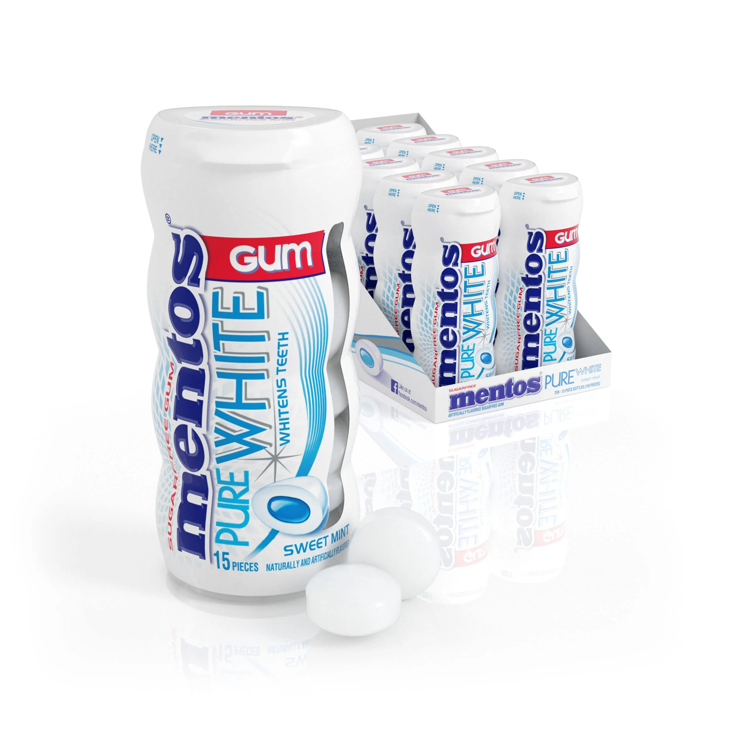 Mentos Pure White Sugar-Free Chewing Gum with Xylitol, Sweet Mint, 15 Piece Bottle (Bulk Pack of 10)