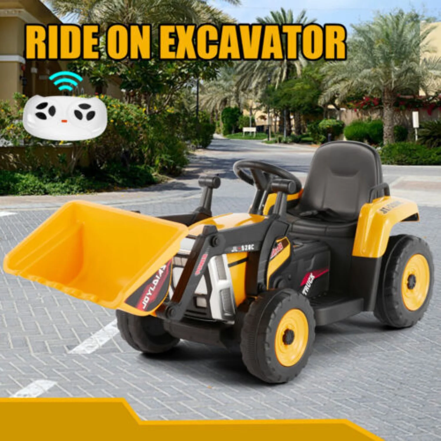 Electric Ride-On Excavator Digger with Bluetooth Music and Remote Control - 3 Speeds, Yellow