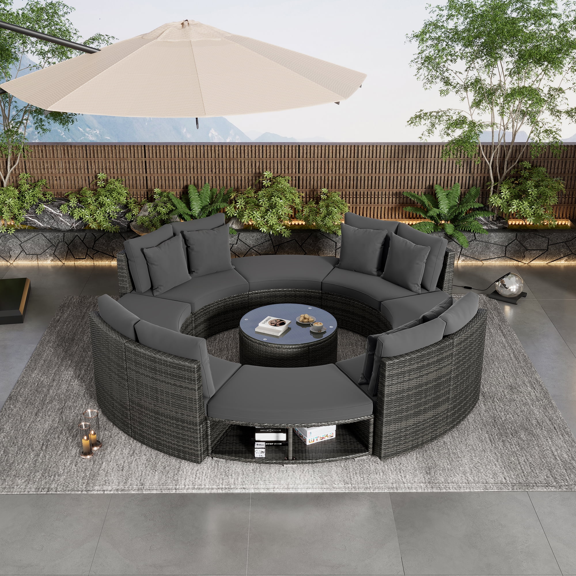 9-Piece Outdoor Patio Furniture Sofa Set with 6 Pillows, Wicker Sectional Lounge Sofa with Tempered Glass Coffee Table for or Lawn Garden
