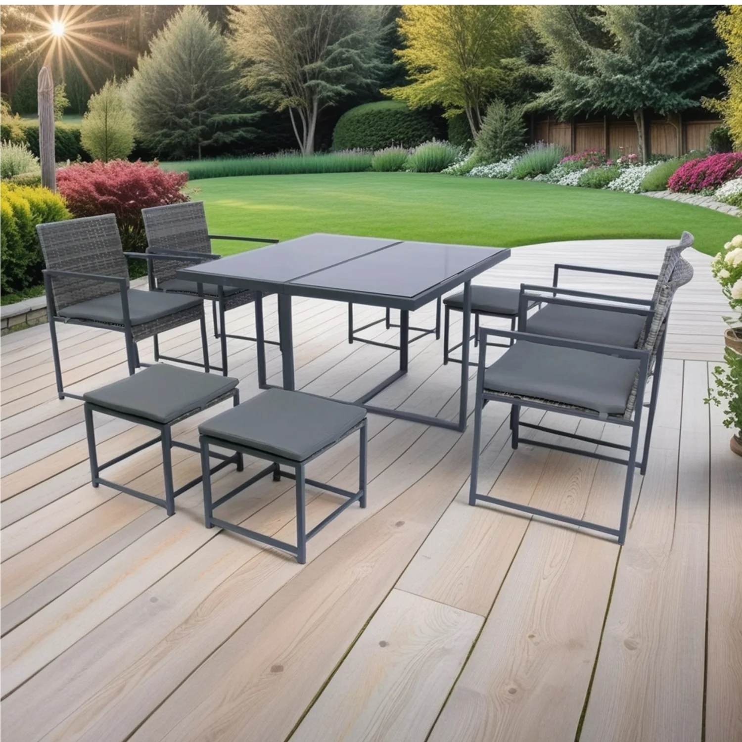 Elegant Grey Wicker Outdoor Dining Sets - 9 Piece Patio Furniture Set with Space Saving Design  Stylish Dark Grey Cushions  Tempered Glass Table Top and Comfortable Rattan Chairs for Gard