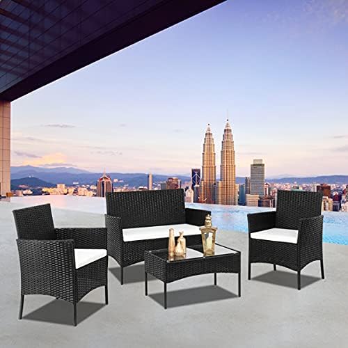 Patio Furniture Set 4 Pieces Outdoor Conversation Set Rattan Chair Wicker Sofa for Balcony Lawn Yard Pool Backyard and Garden (Black)