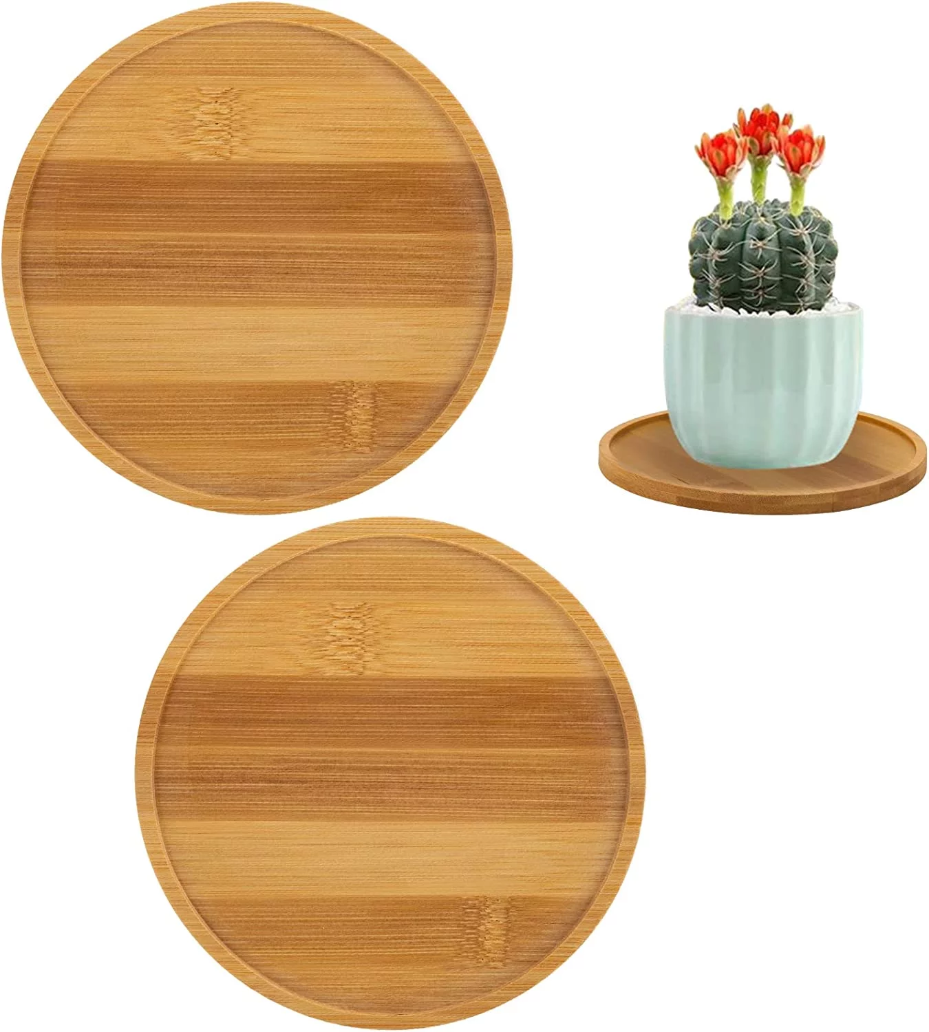 Fymlhomi 2 Pieces Bamboo Plant Saucer, 4 Inch Planter Trays Succulent Pot Holder Small Flower Pot Drainage Tray for Indoor Outdoor Plant