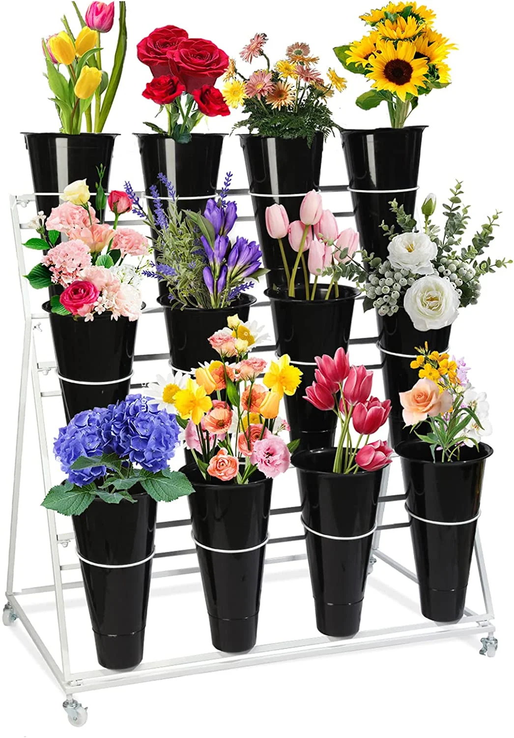 Flower Display Stand with Buckets, 3 Layers Metal Plant Stand, Moving Florist Bouquet Shelf for Fresh Flower Shop, for Patio Garden, Outdoor Flower Pop-Up Events (White Frame - Black Bucket)