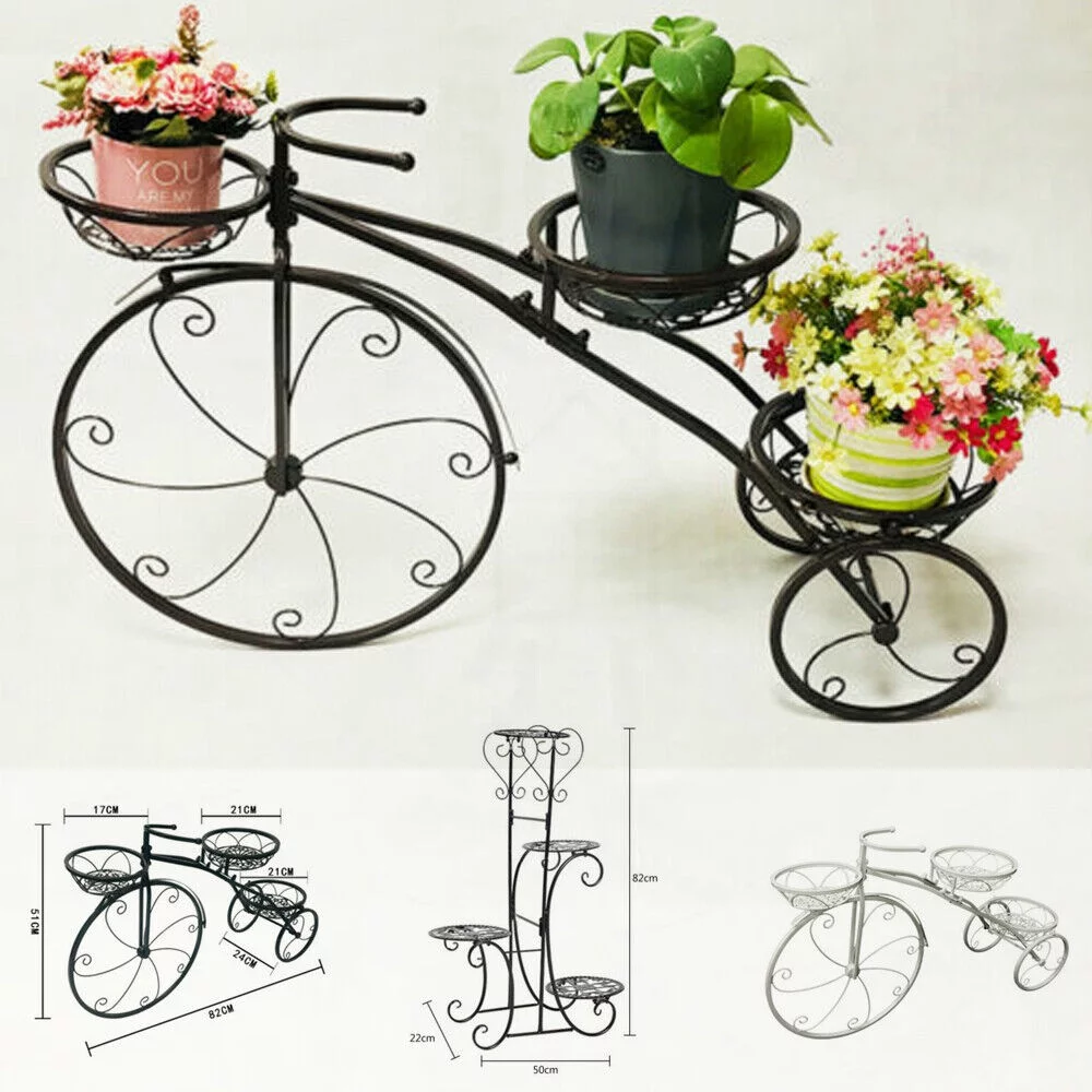 DENEST Metal Bicycle Tricycle Plant Stand Garden Planter Shelf Flower Holder Rack Decor