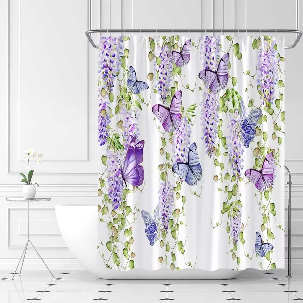 SPXUBZ Butterfly Shower Curtain Purple Floral Watercolor Flower Wisteria Weeping Green Leaf Lavender Blue Spring Natural Garden Scenery Home Decor Fabric Bathroom Curtain Set with Hooks 72x72 inch
