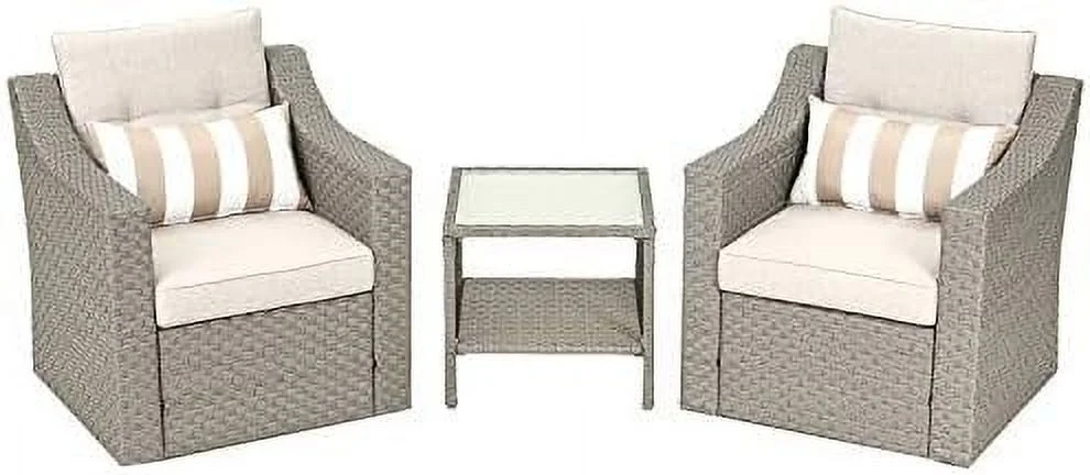 SQWDEC 3-Piece Patio  Brown Rattan Outdoor   Patio Chairs with Glass-Top Coffee  & Seat Cushions  for Garden  Front Porch  Balcony