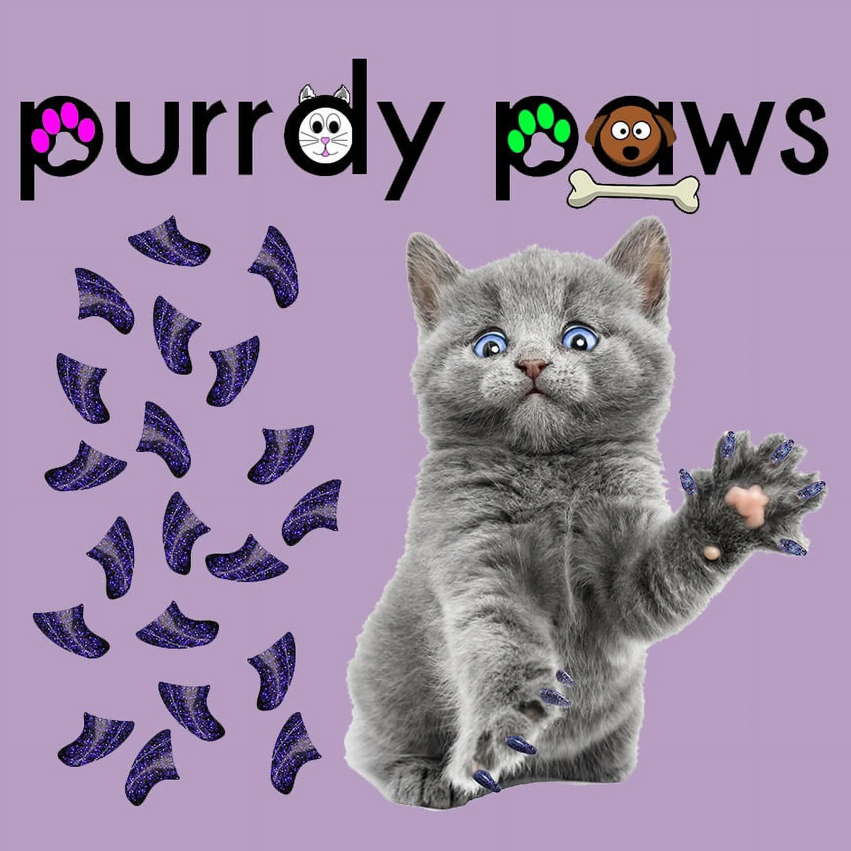 6 Month Supply - Purrdy Paws Violet Glitter Soft Nail Caps for Medium Cats Claws - Extra Adhesives