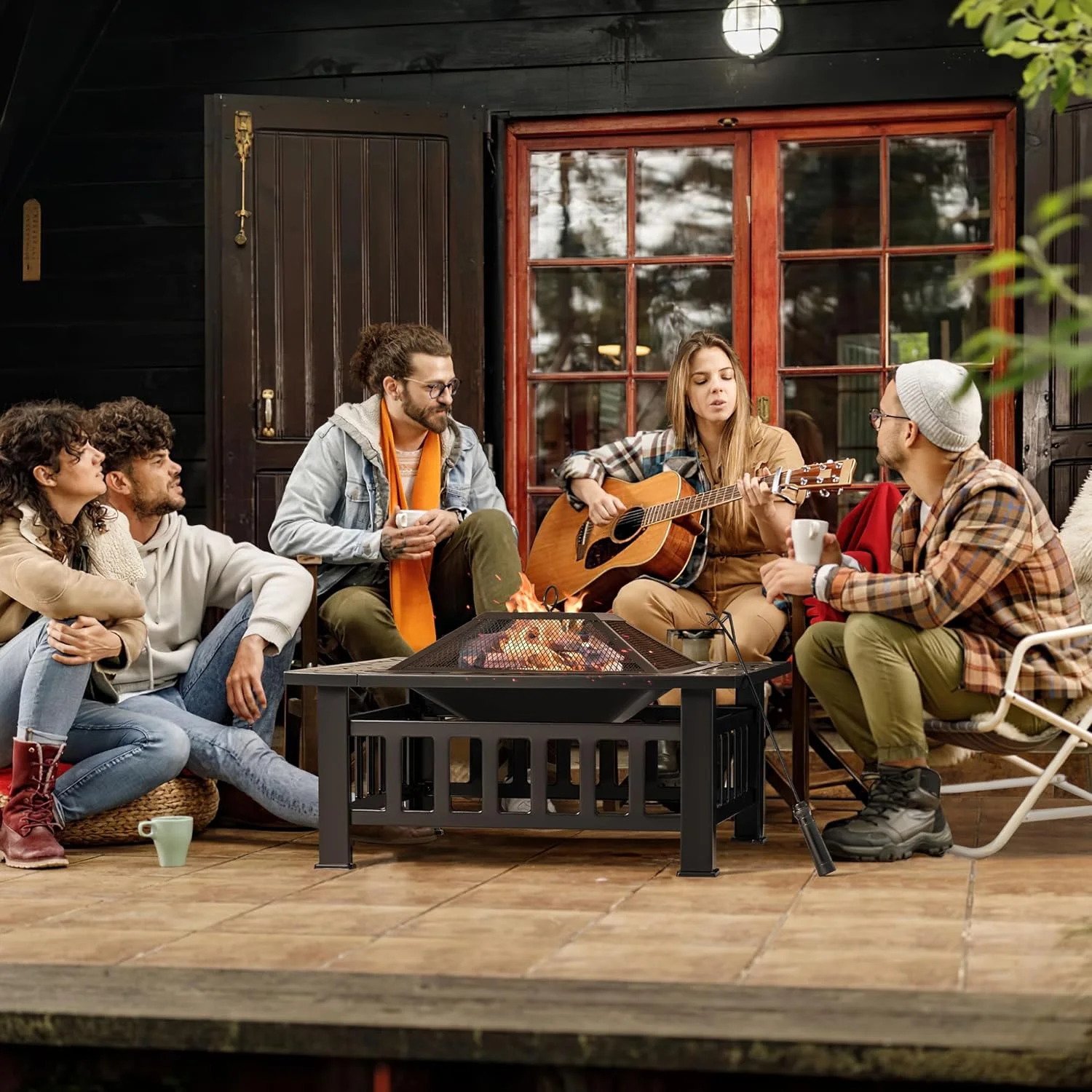 Outdoor Fire Pit, 32 Inch Firepit Table Metal Outdoor Fireplaces with Waterproof Cover for Outside Patio Camping (Black)