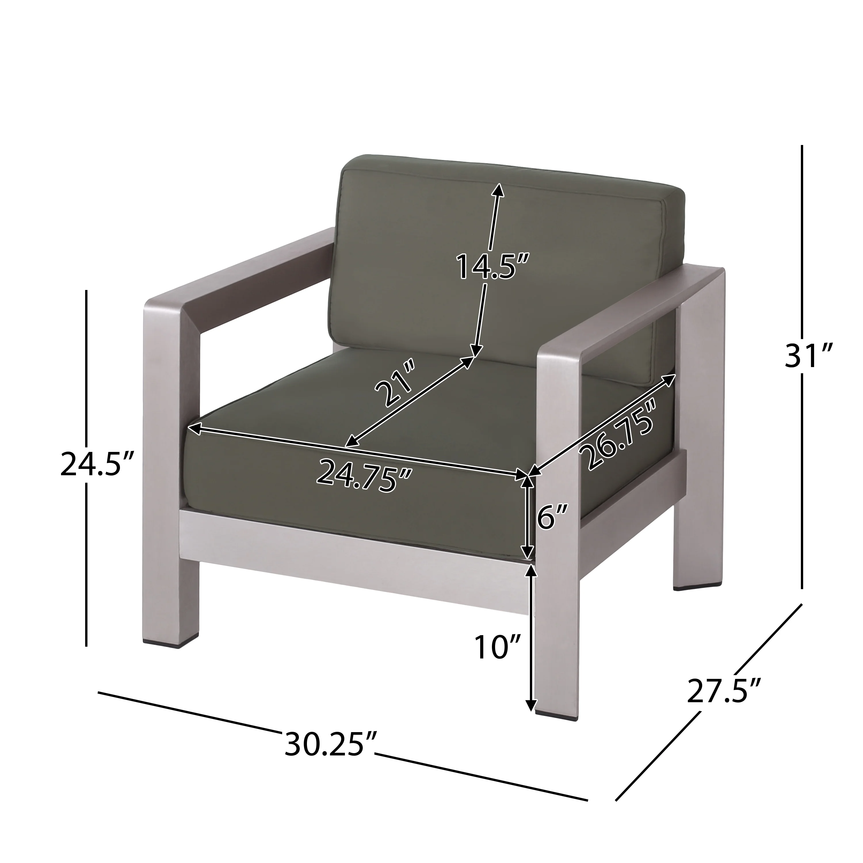 Darius Outdoor Aluminum Club Chairs with Side Table, Sliver, Khaki