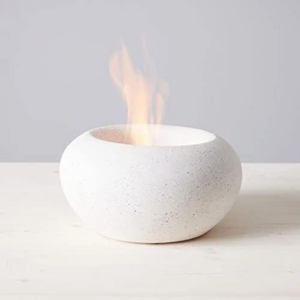 Stone Fire Bowl Table Top | Portable Concrete Fire Pit For Indoor And Outdoor | 1 Gel Fuel Can | Clean Burning And Smoke-Free | Protective Cork Base | Stonecast White Finish