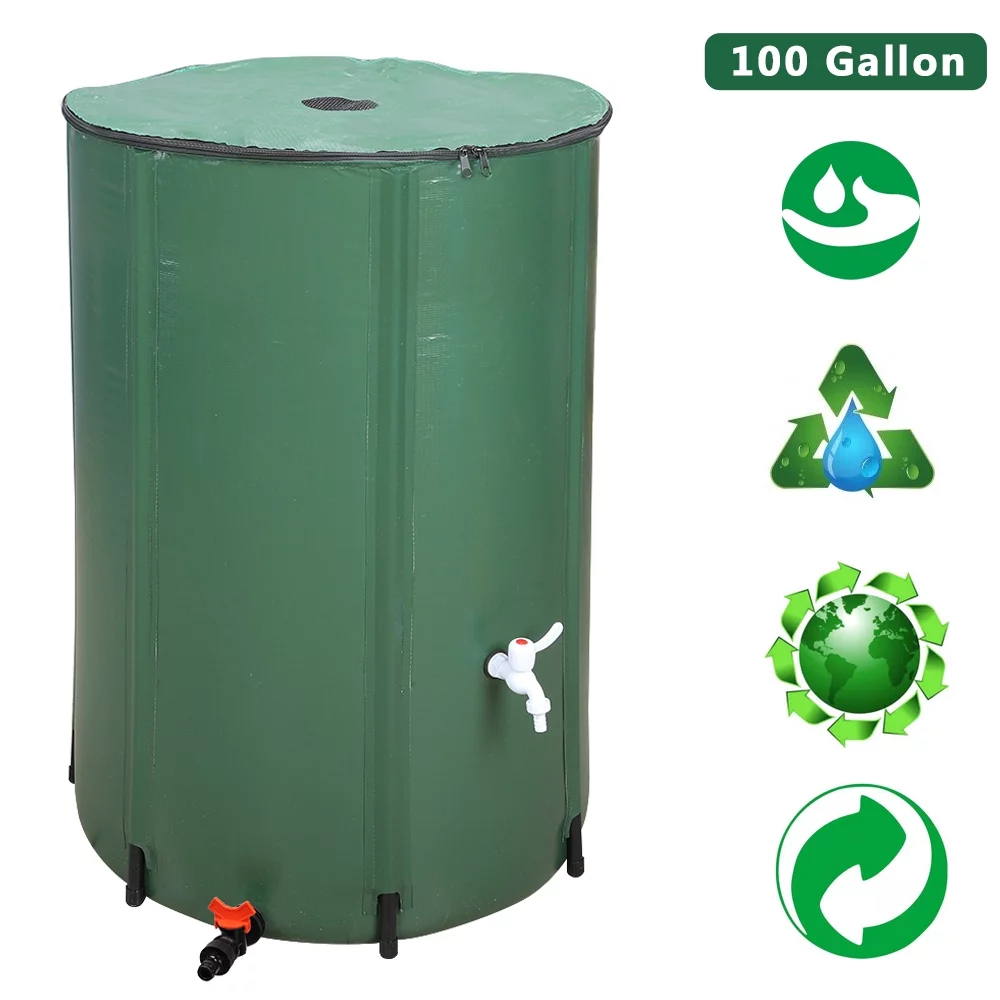 100 Gallon Folding Rain Barrel Water Collector, Portable Water Storage Tank, Green