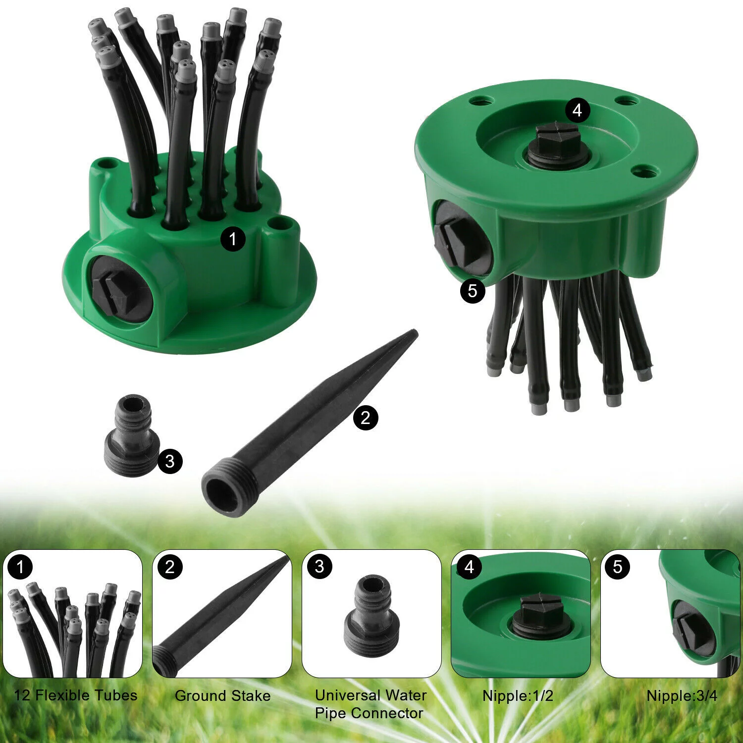 Garden Sprinkler Multi-Tips Lawn Sprinkler Head Nozzle 12 Flexible Spray Nozzles 360 Degree Rotating Lawn Sprinkler  Garden Patio Water Sprayer Gardening Watering System
